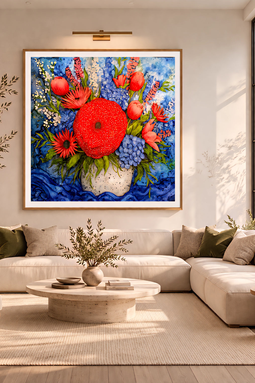 Colorful floral wall art digital download, bold red flower bouquet painting in upscale neutral living room, square printable artwork in 3 orientations