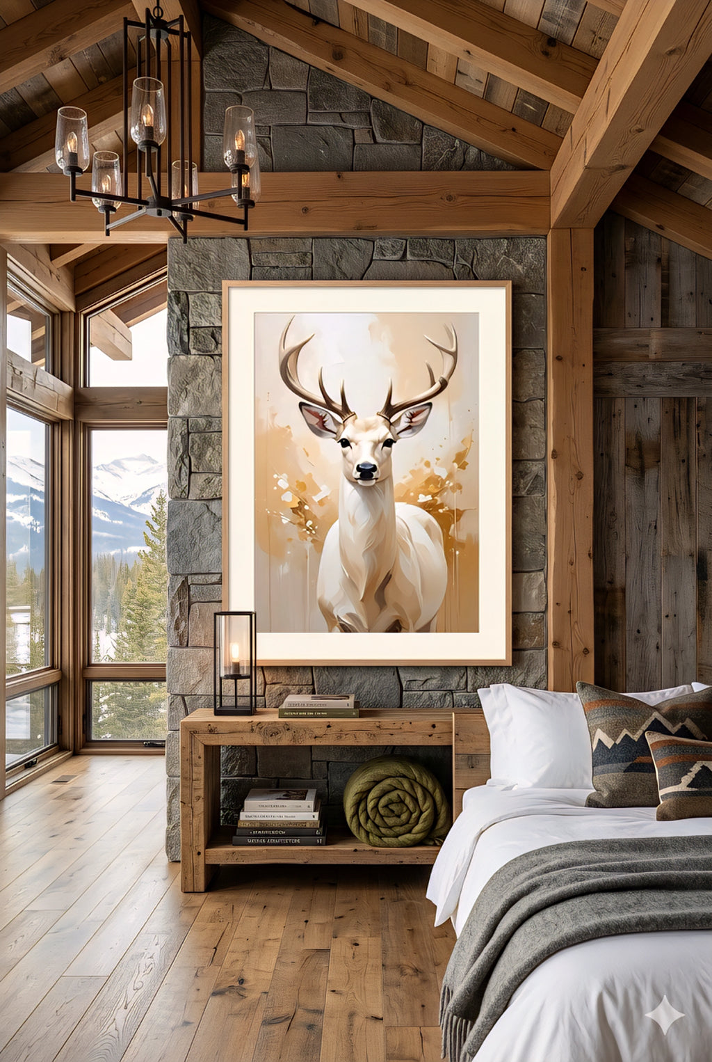 rustic deer wall art in cabin bedroom, wildlife artwork on stone wall, wood beams, mountain views, cozy lodge decor, modern rustic styling