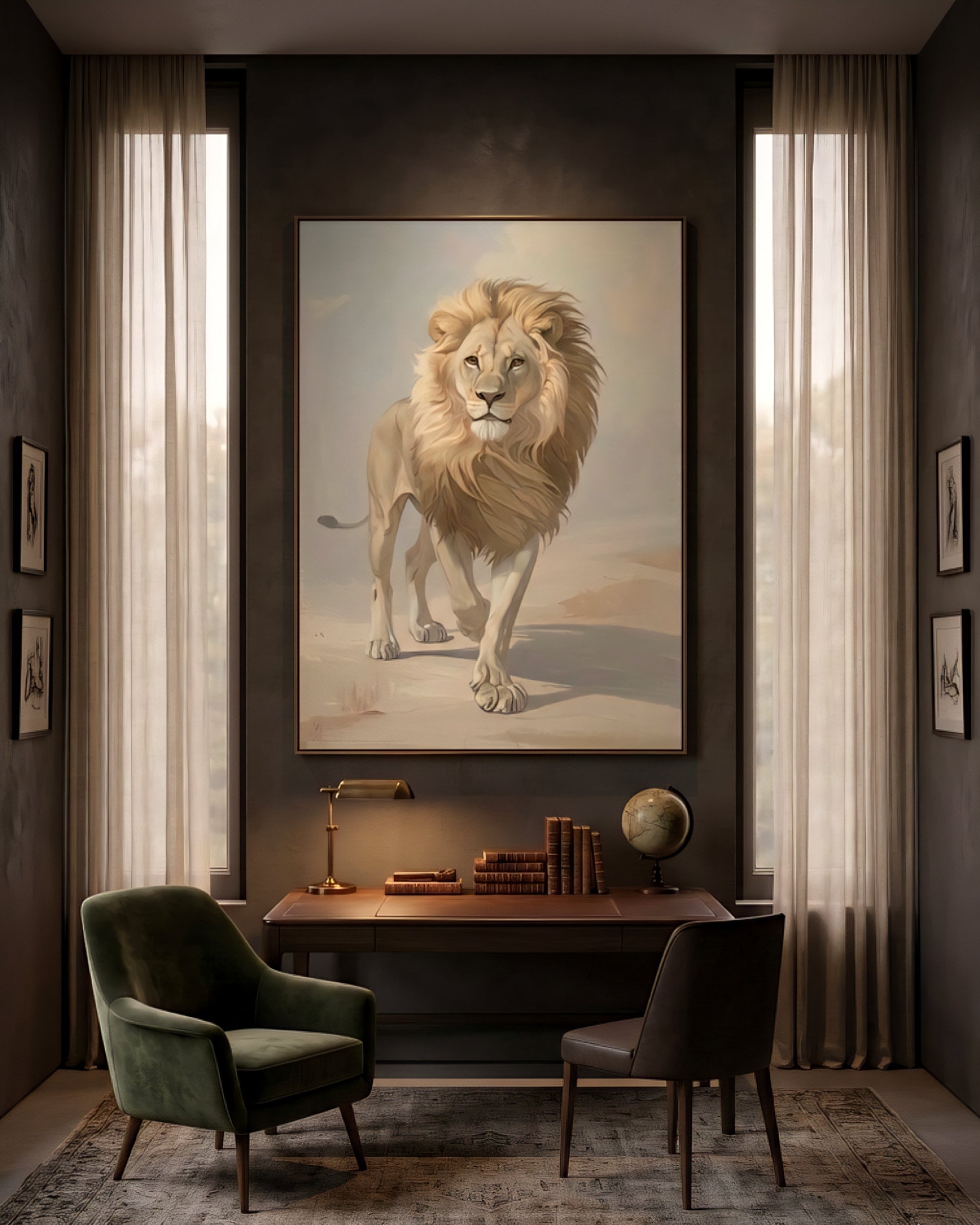 Lion wall art printable displayed in elegant  study interior, neutral safari animal digital download wall decor printable up to 60 inches.