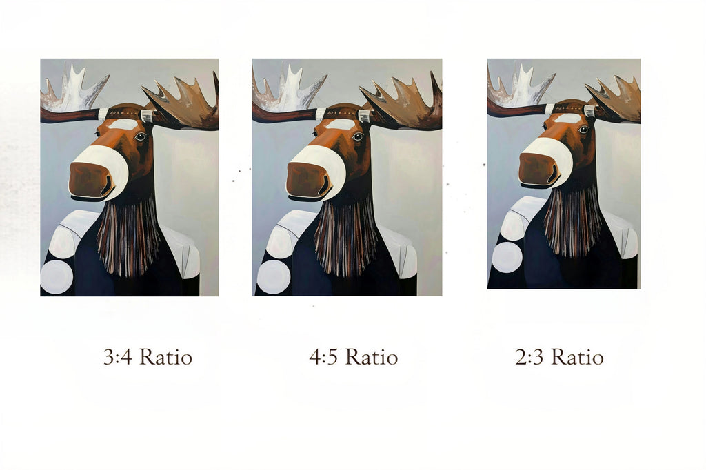 Three different aspect ratio designs of a moose illustration on a gray background.