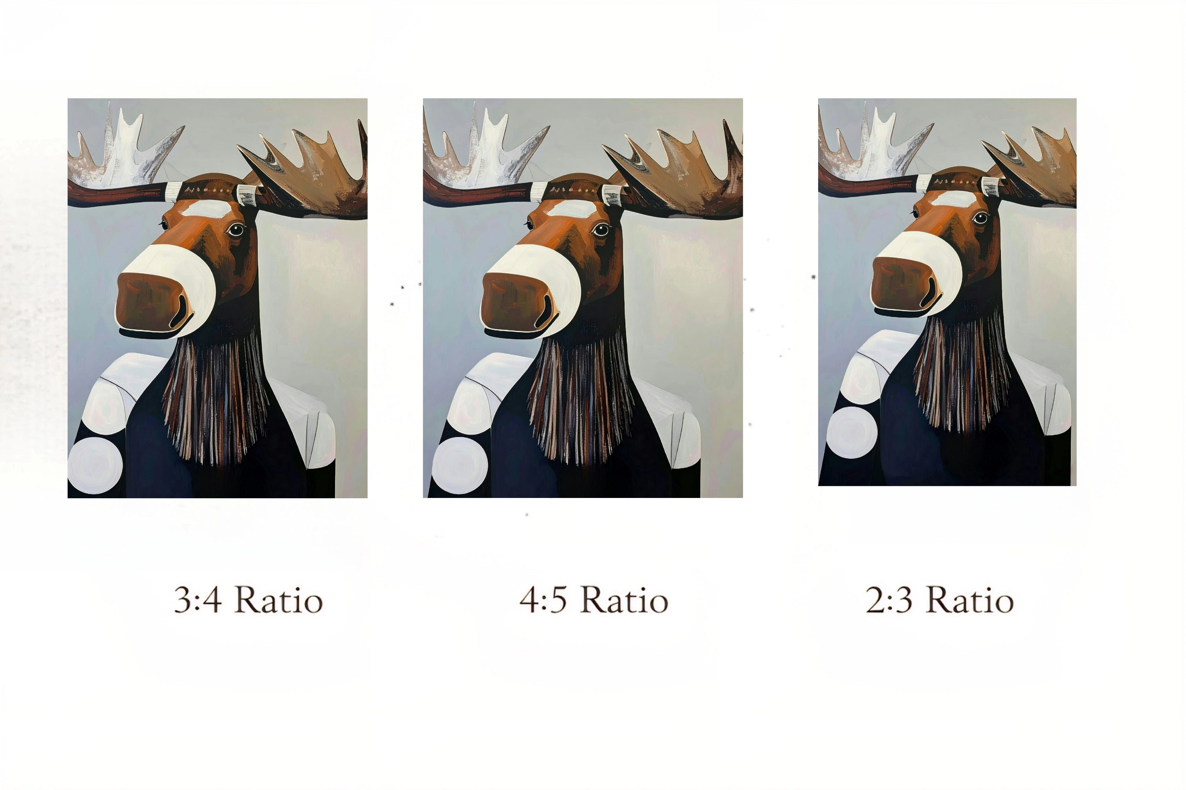 Three different aspect ratio designs of a moose illustration on a gray background.