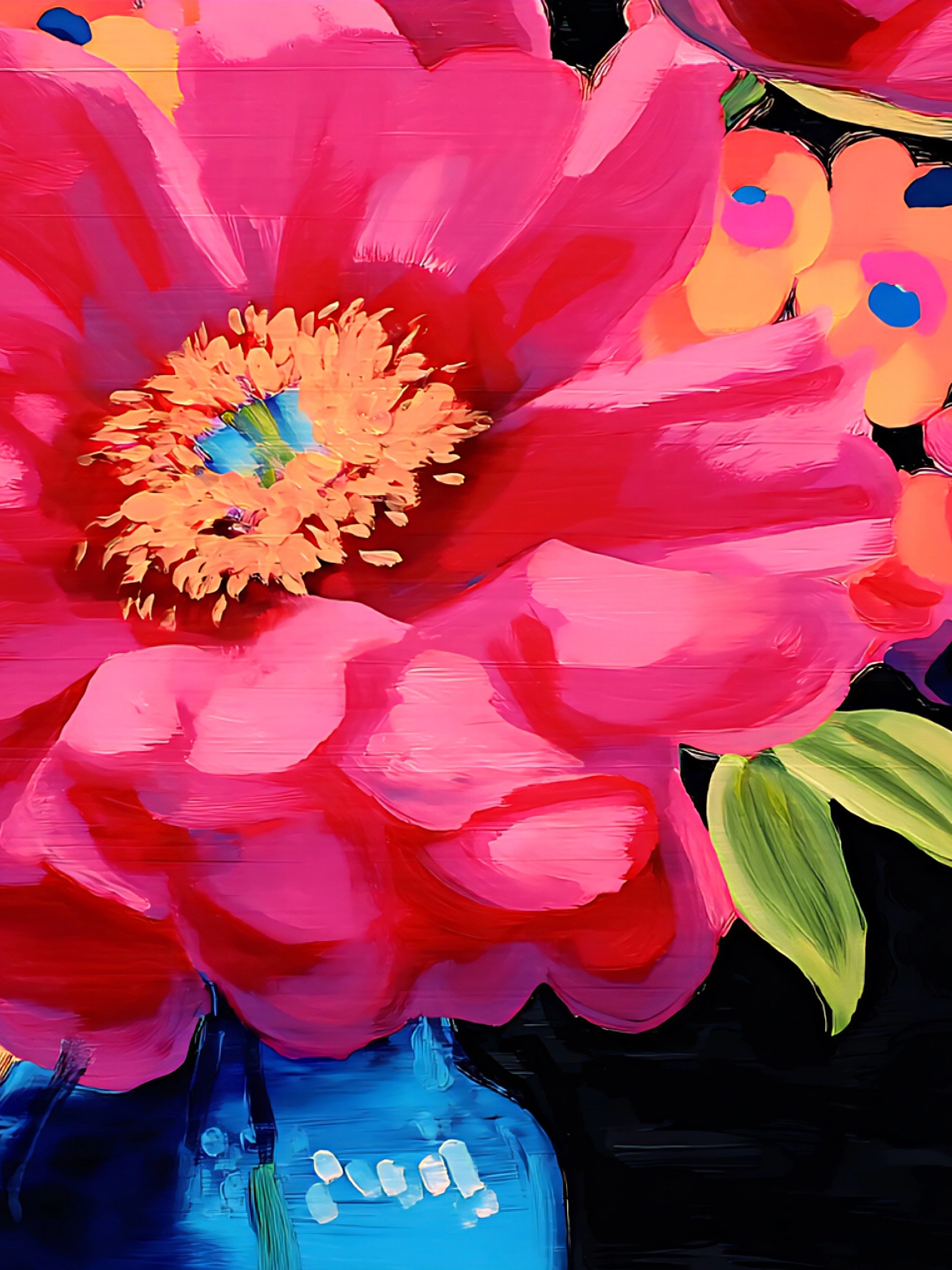 Colorful floral painting with a blue vase on a black background