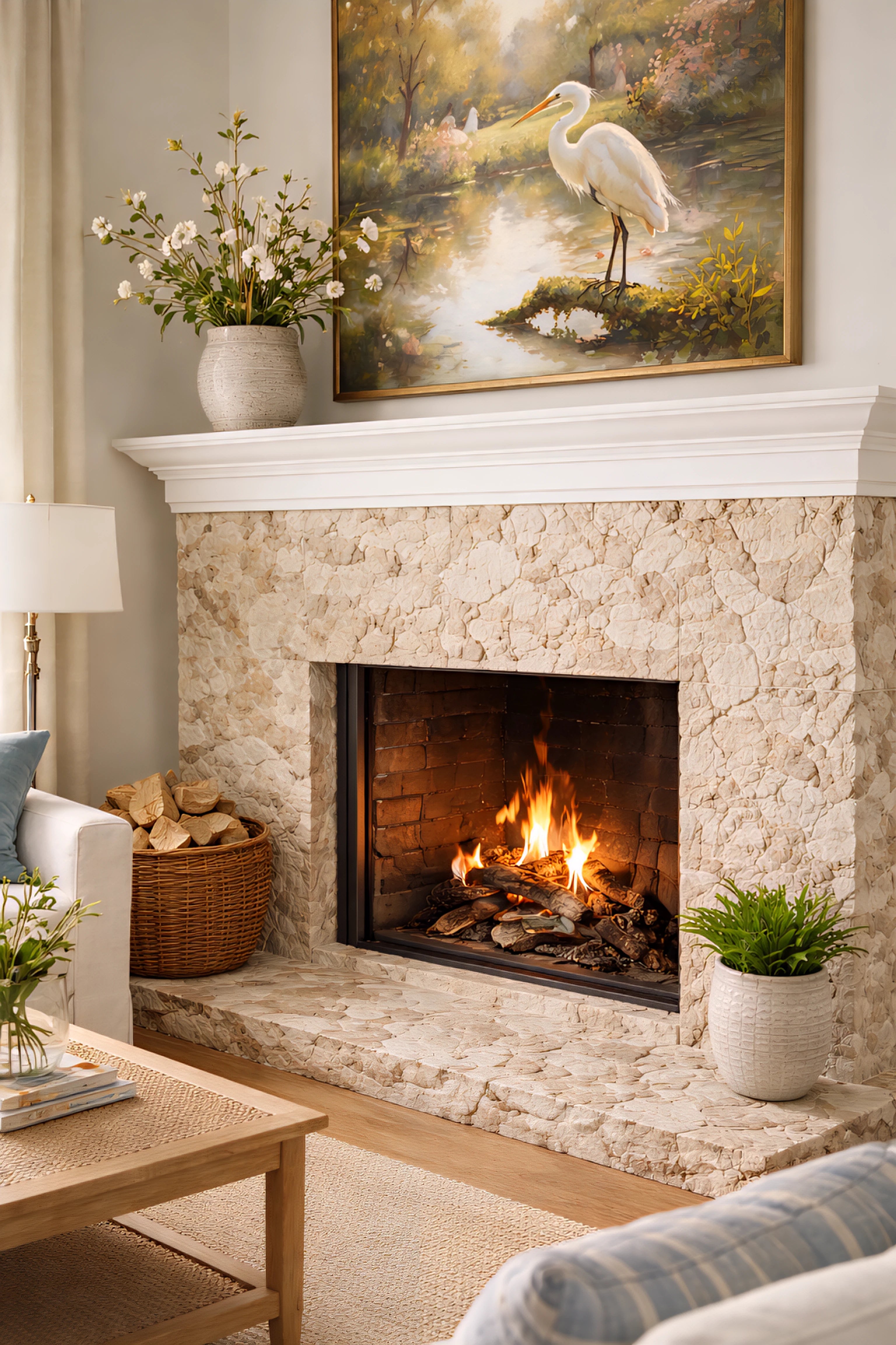 Vintage egret painting digital wall art displayed above a fireplace in a bright neutral coastal living room with natural textures and soft decor.