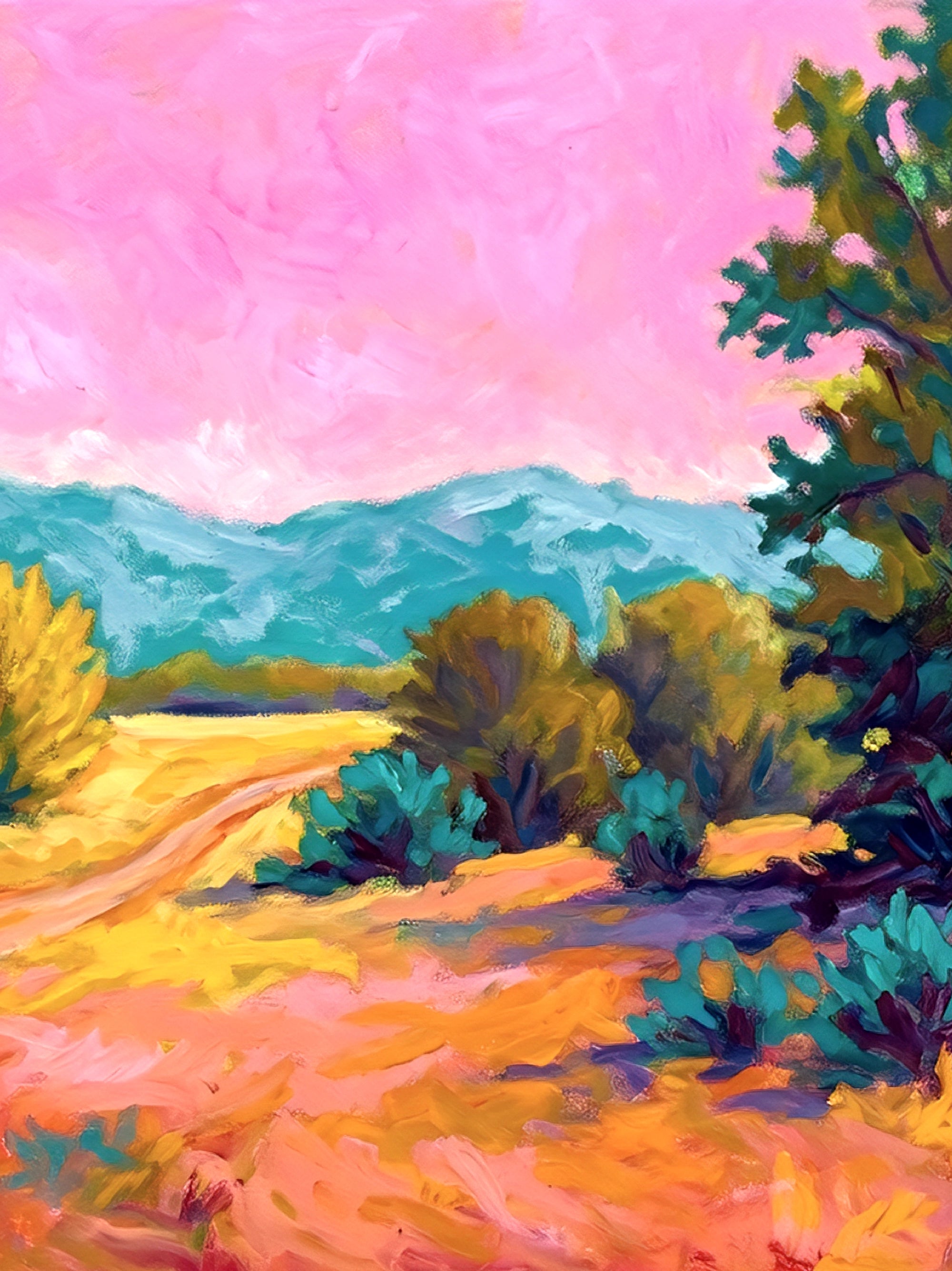 Colorful desert landscape wall art with pink sky, bold painterly scene featuring winding path, trees, and mountains, vibrant printable digital artwork vertical 