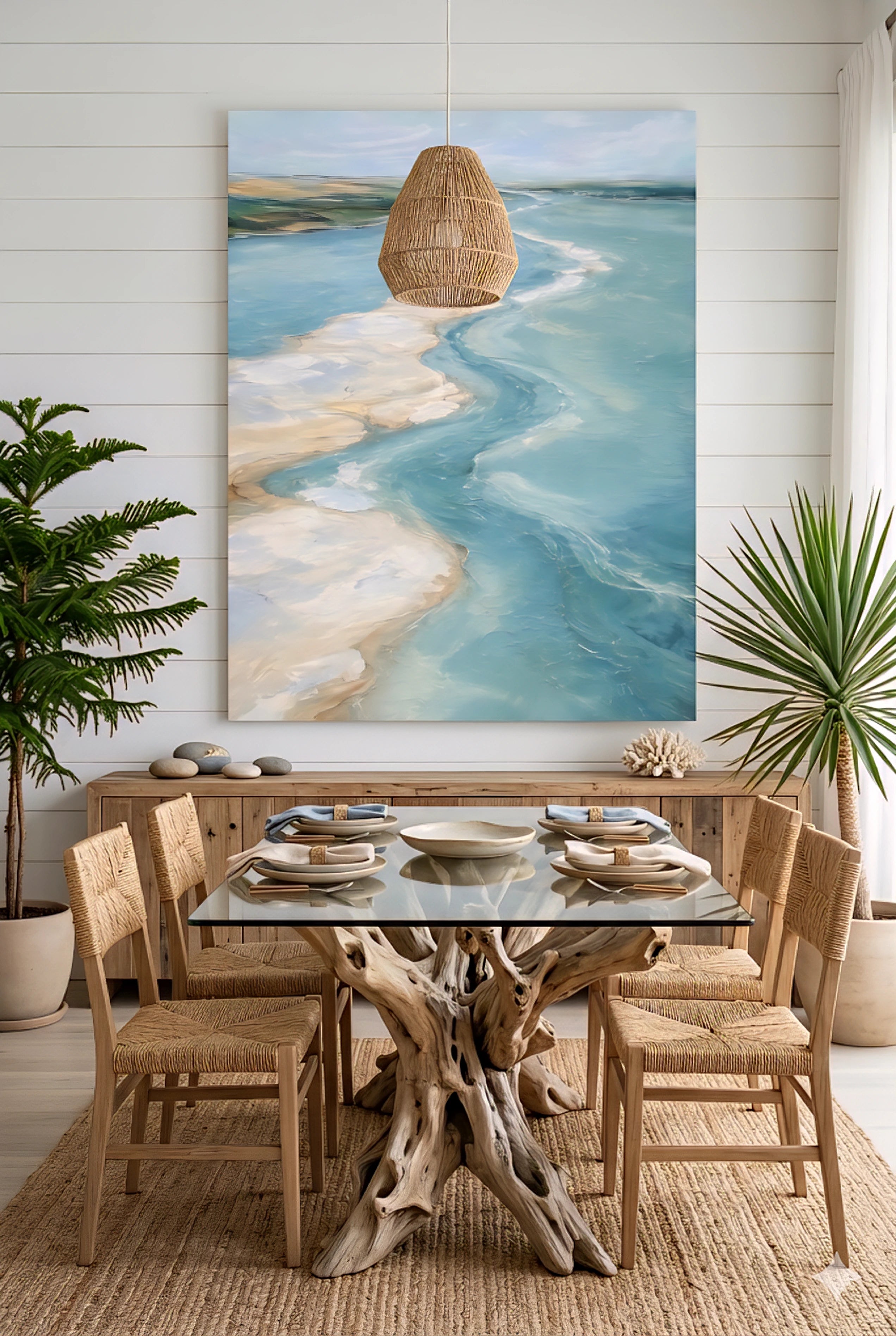 Large coastal ocean artwork above dining table with glass top, wood base, woven chairs and beach style decor