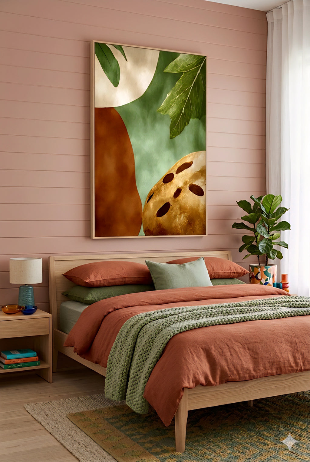 Earth tone abstract botanical wall art with green leaves and terracotta shapes displayed above a bed in a modern pink bedroom, oversized vertical framed print paired with warm bedding, natural wood furniture and soft textures for cozy contemporary decorinspo