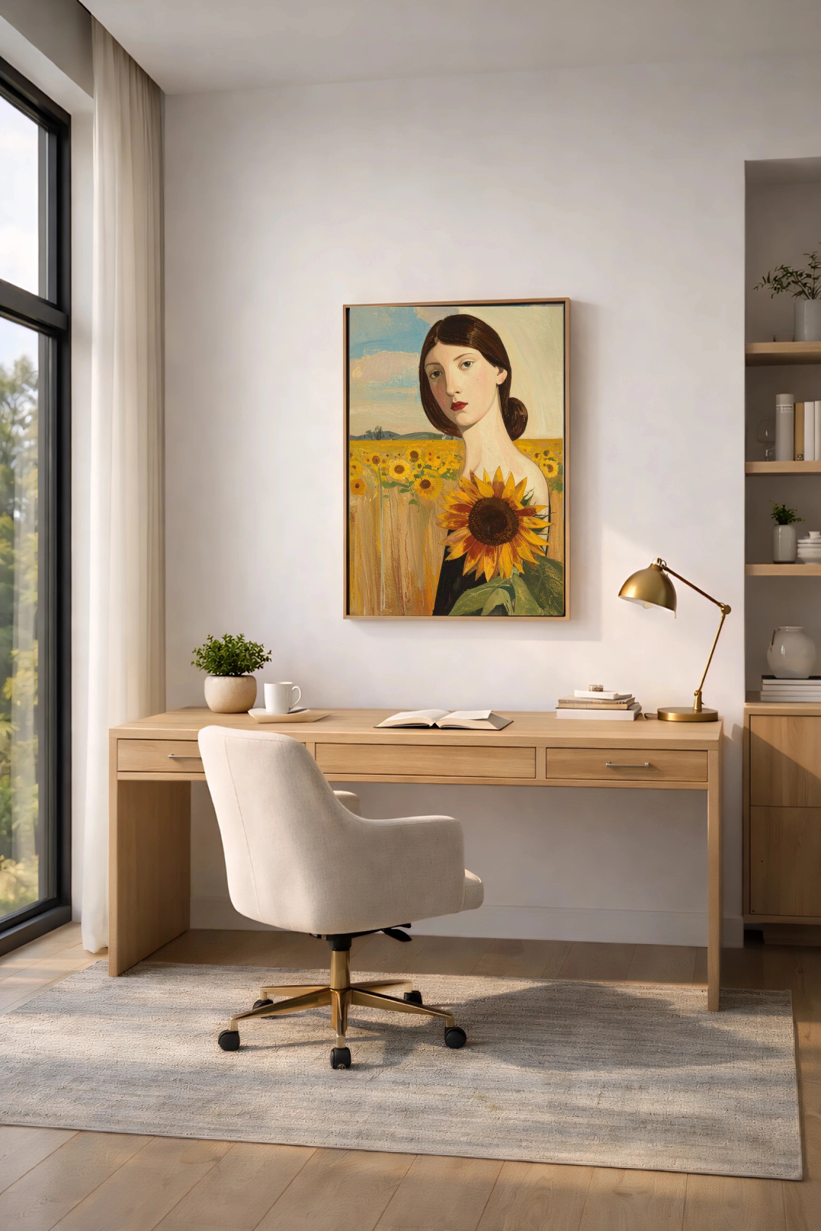woman with a sunflower digital art print in home office 