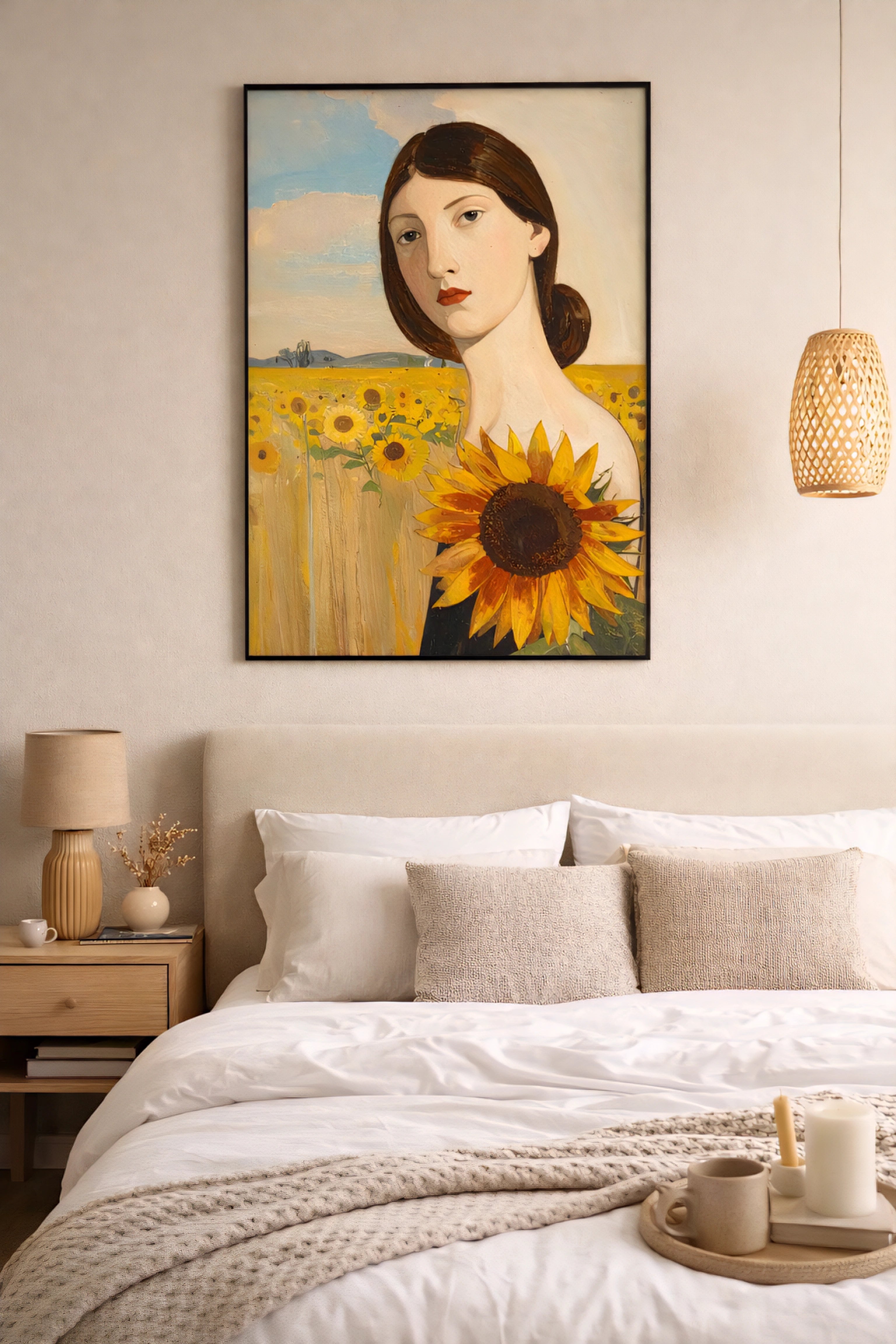 Bedroom with a downoaded digital painting of a woman with sunflowers on the wall