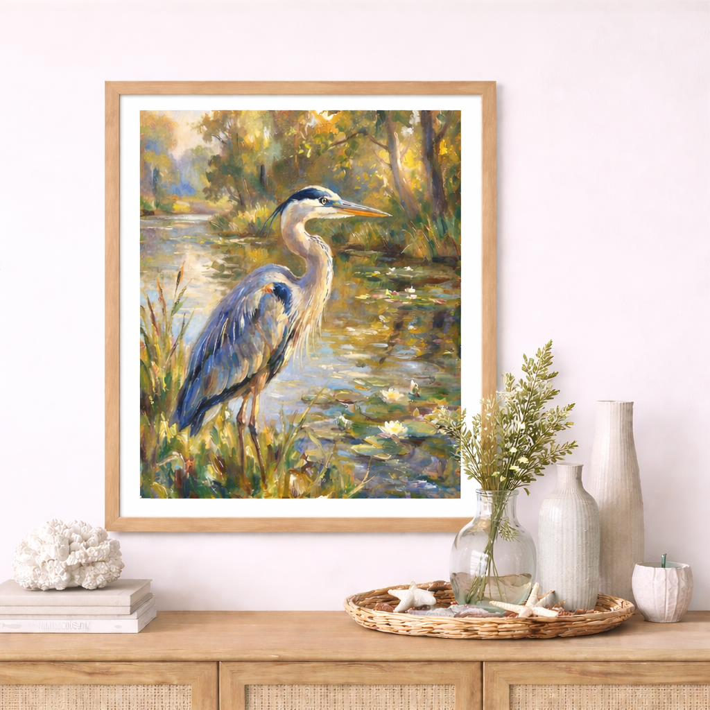 Great blue heron digital print wall art in light wood frame above console, coastal neutral decor with woven tray, vases, greenery, and soft natural lighting