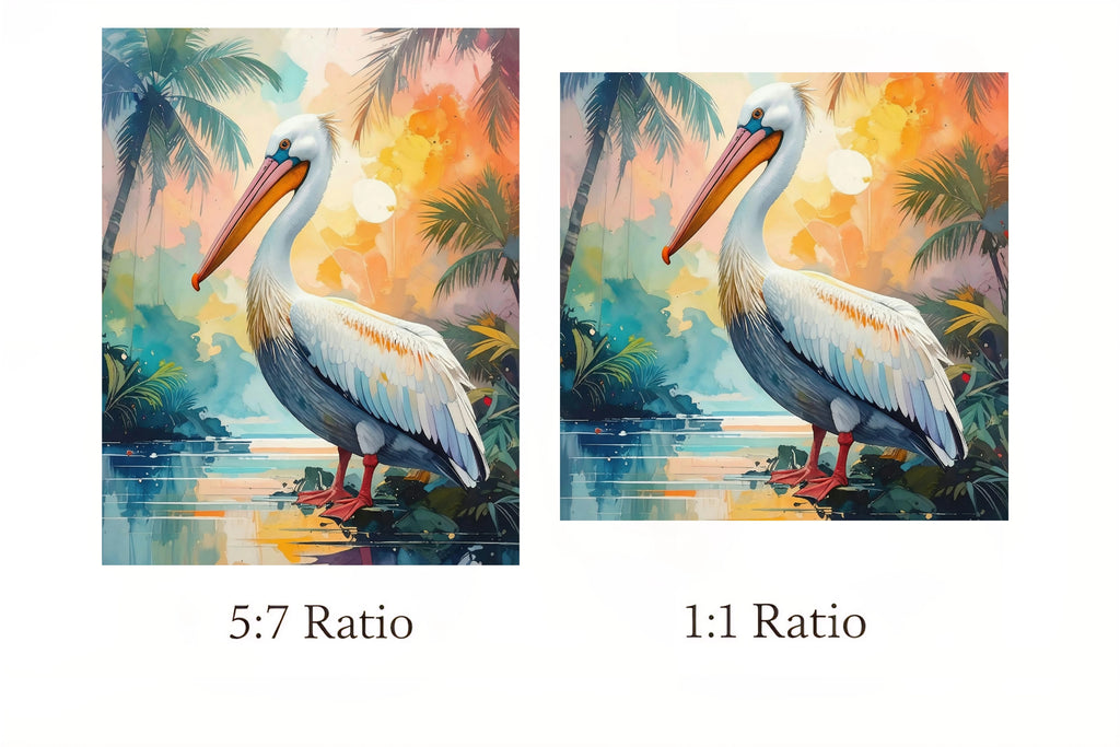 Two paintings of a pelican with different aspect ratios displayed side by side.