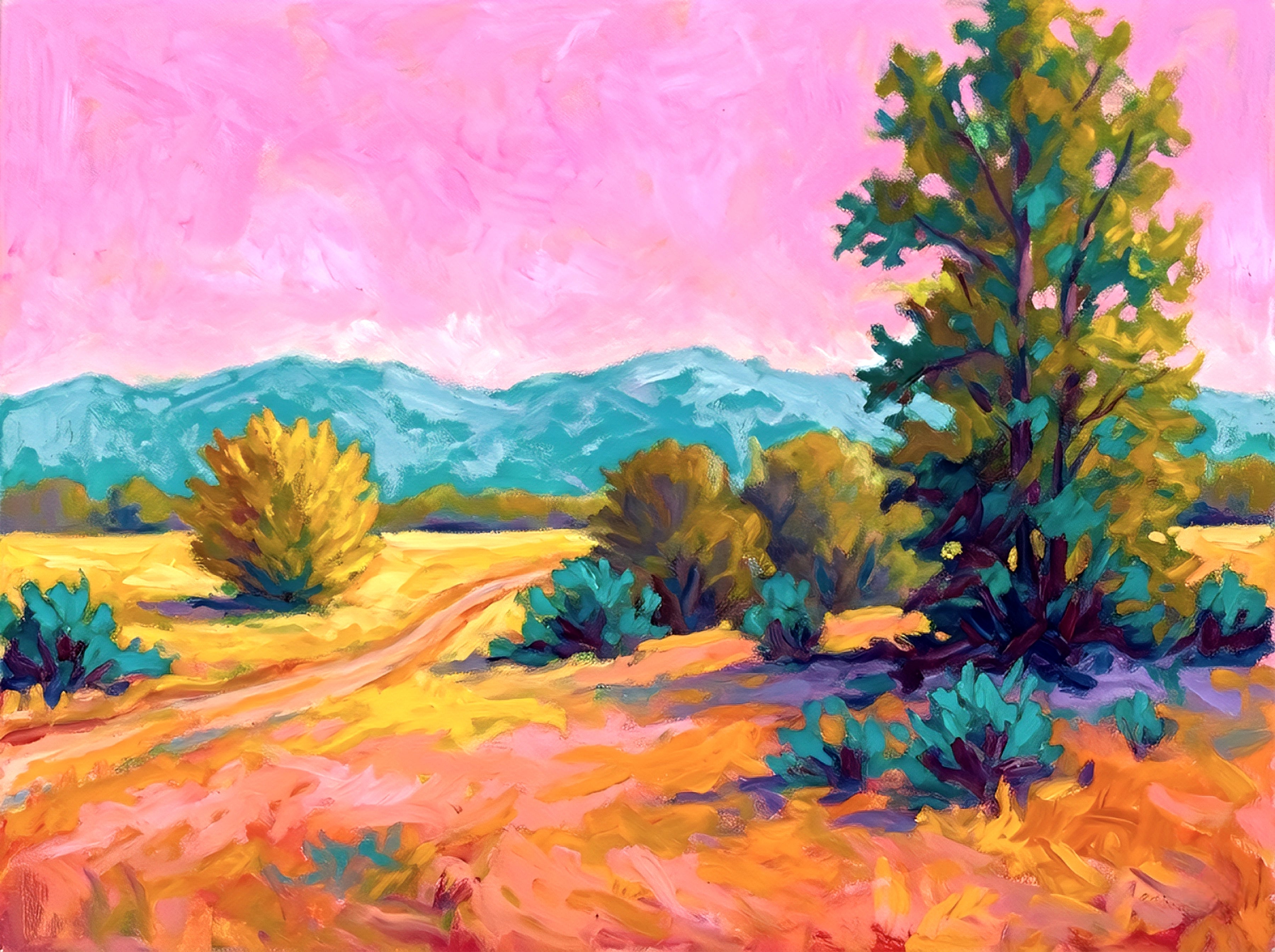 Horizontal Abstract desert landscape artwork with rich orange, green, and pink tones, expressive painterly style digital download wall art for statement spaces