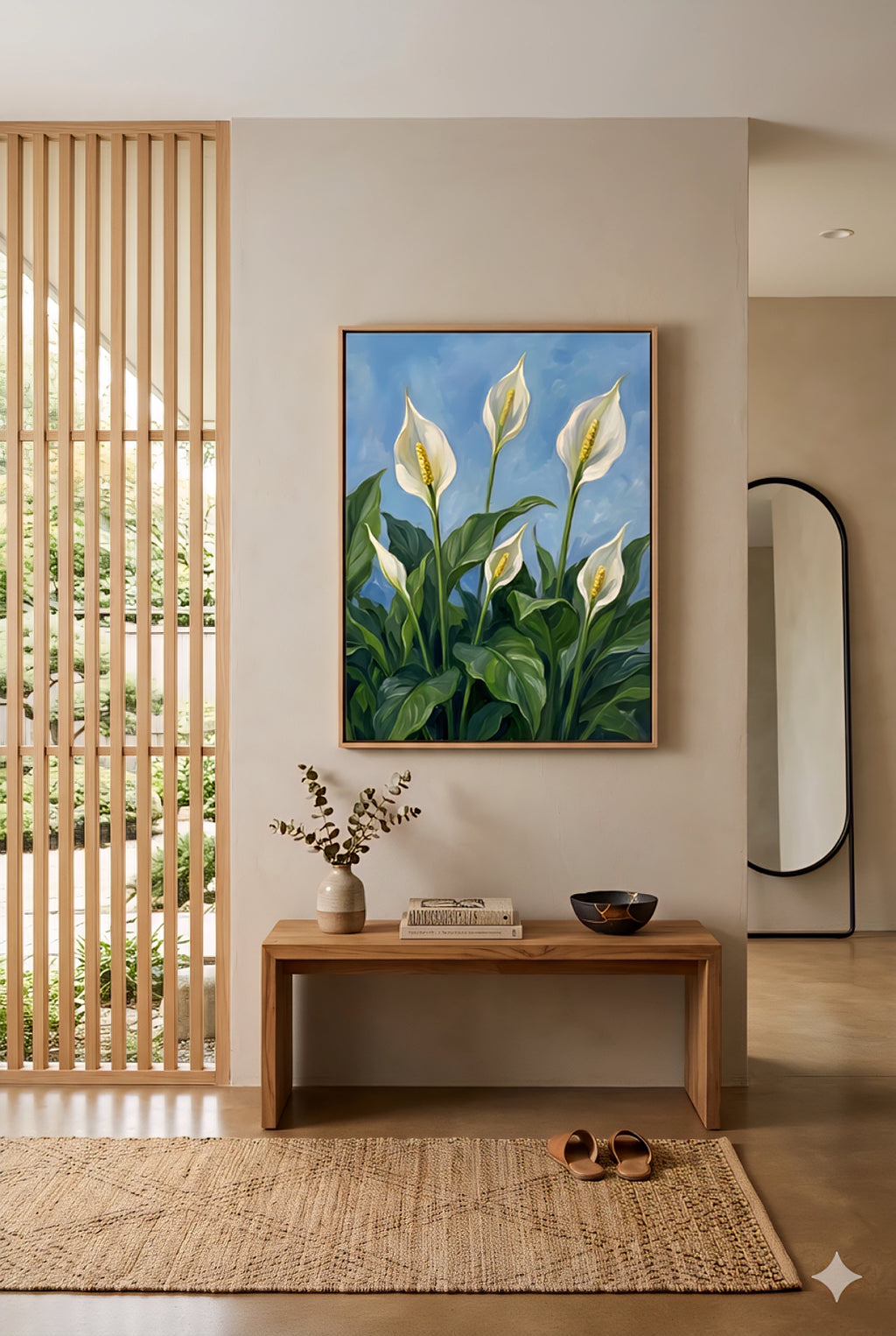 Framed peace lily botanical wall art with white blooms and green leaves on a blue background styled above a wooden bench in a modern entryway, printable digital download