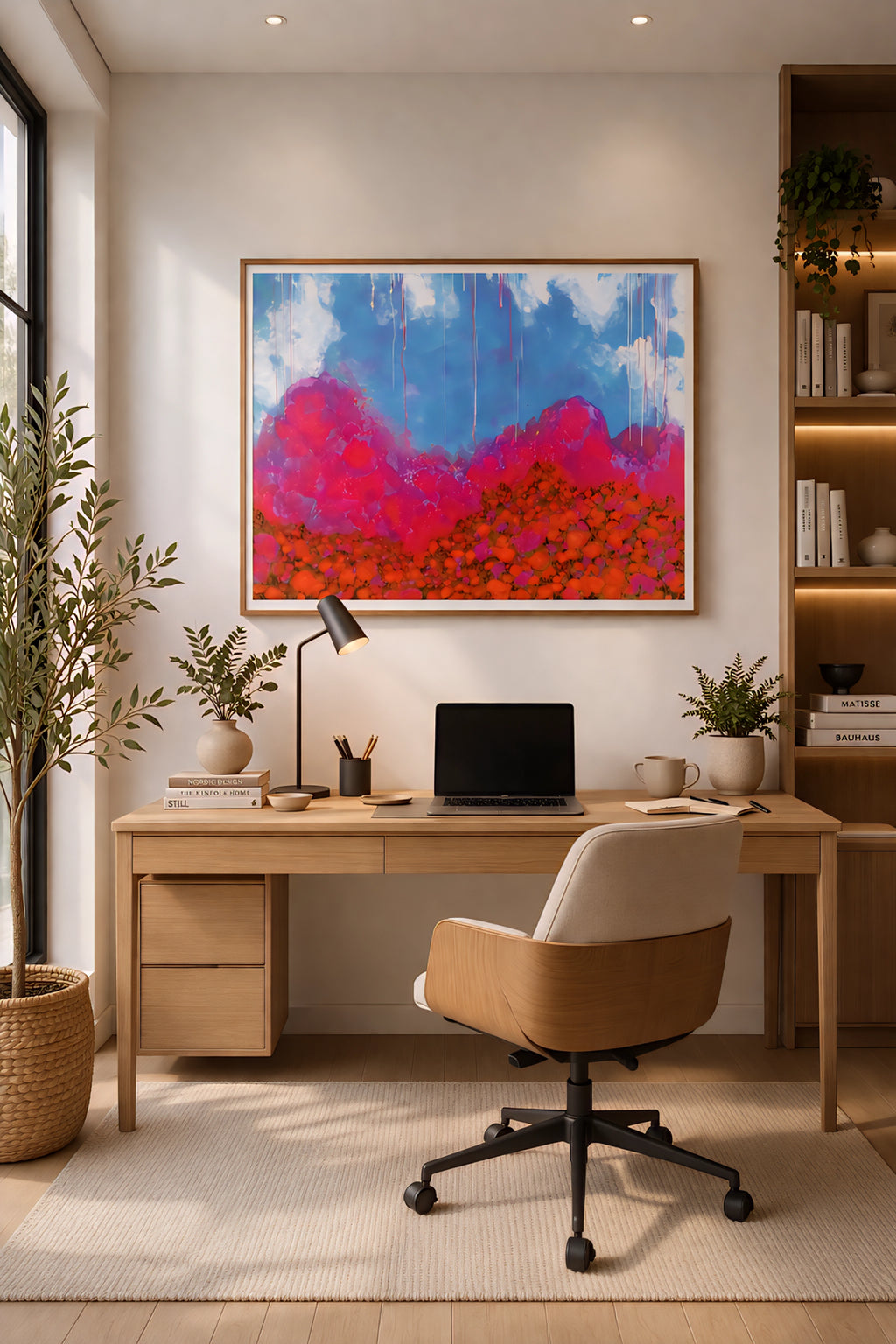 Large horizontal colorful abstract landscape wall art above modern wooden desk in stylish home office with warm lighting, plants, and minimalist decor, printable digital download