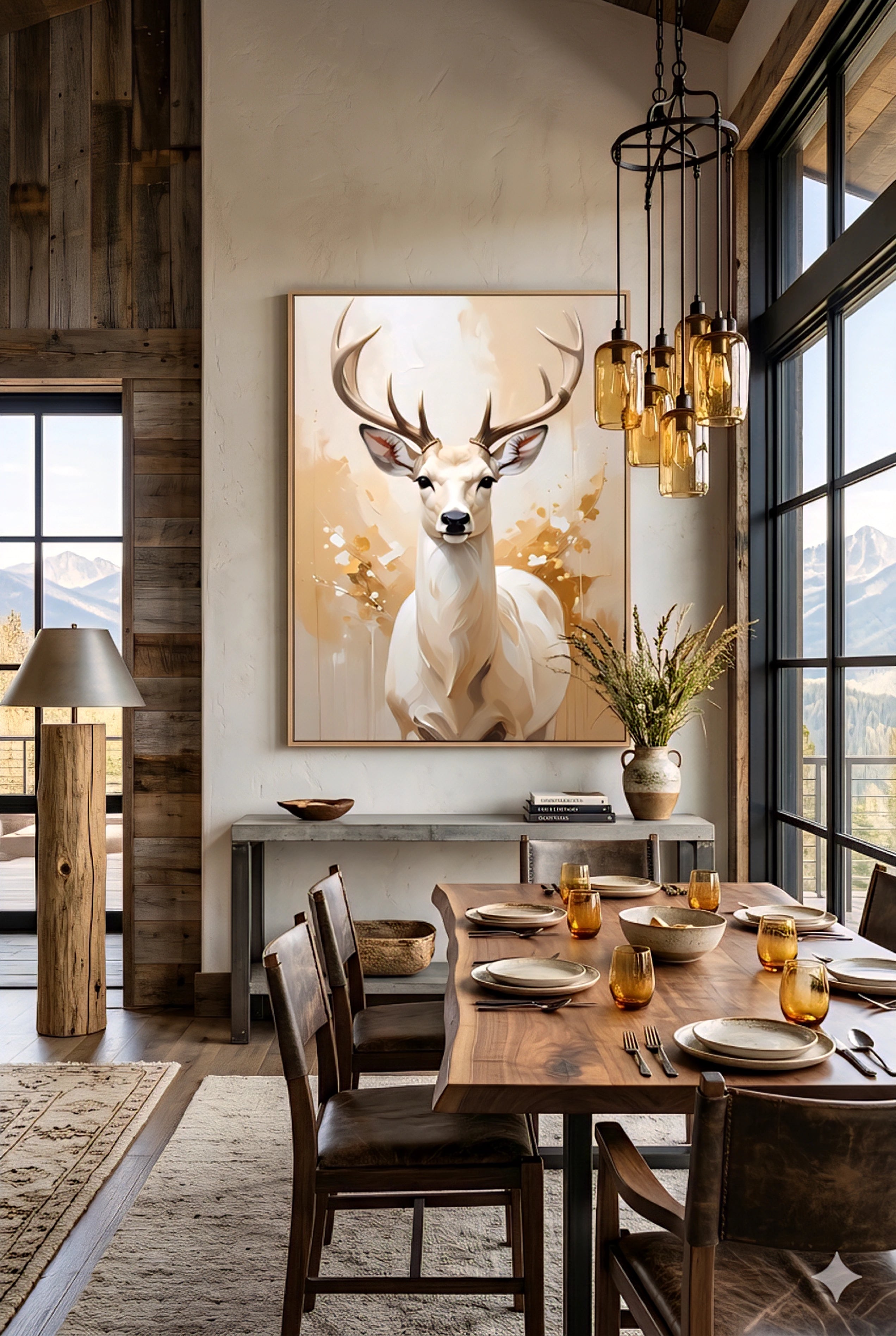 rustic deer wall art in dining room lodge, wildlife artwork above table, wood beams, mountain view, modern cabin decor, statement wall art styling