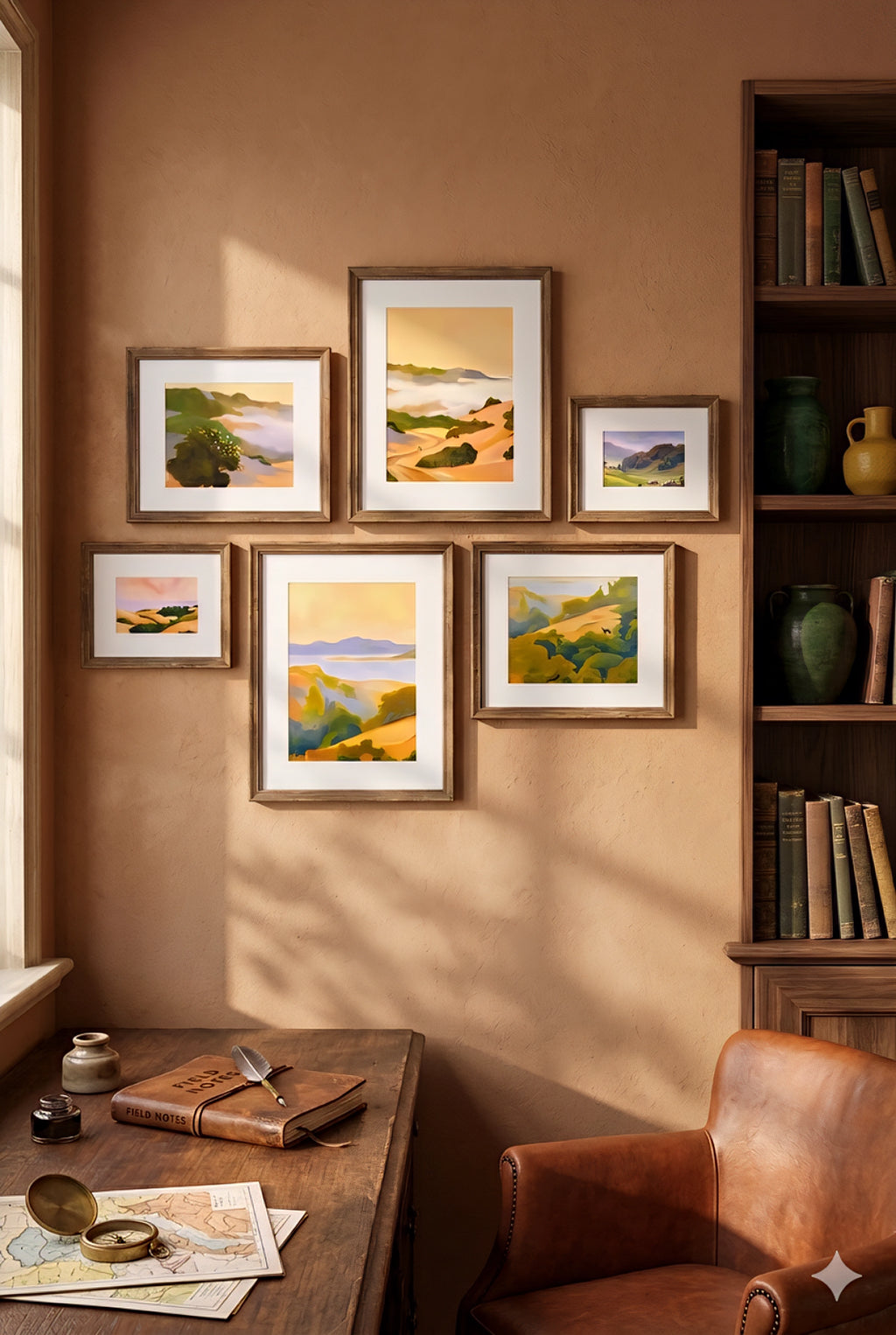 Warm landscape gallery wall set of 7 printable art pieces in earthy tones arranged above a desk in a cozy study, framed wall decor bundle with layout guide for an easy designer look