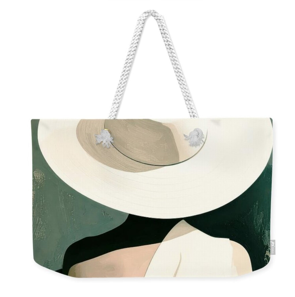 Minimalist woman with hat design on large tote bag, neutral modern portrait pattern in soft tones for everyday accessory style