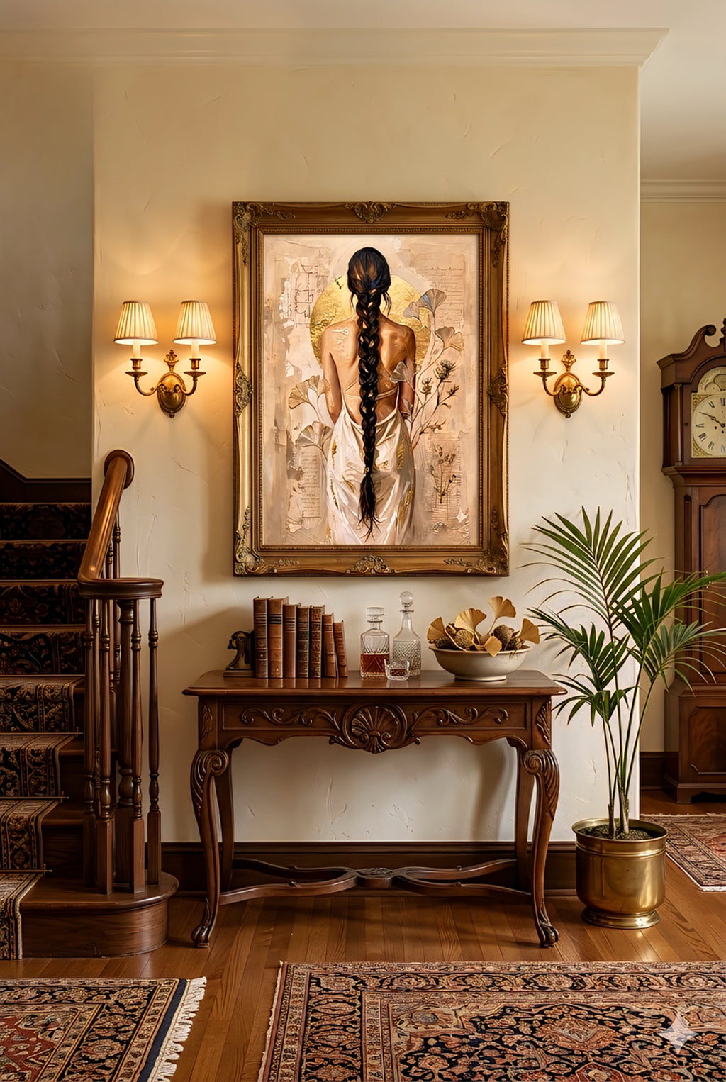 Framed boho wall art of a woman with a long braid and gold accents displayed in a traditional entryway with warm lighting, wood furniture, and classic vintage decor styling