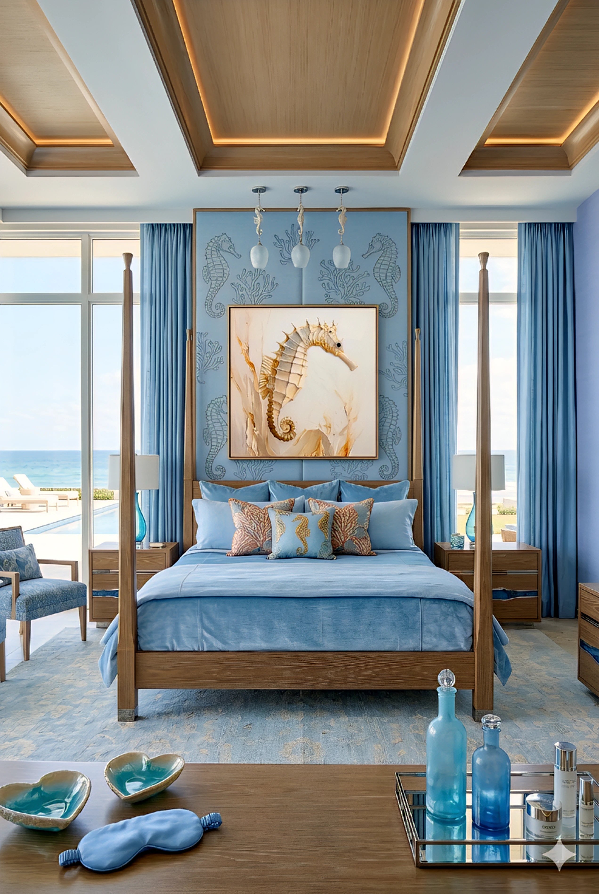 Luxurious bedroom with wooden bed, blue bedding, and seahorse artwork made from digital file. 