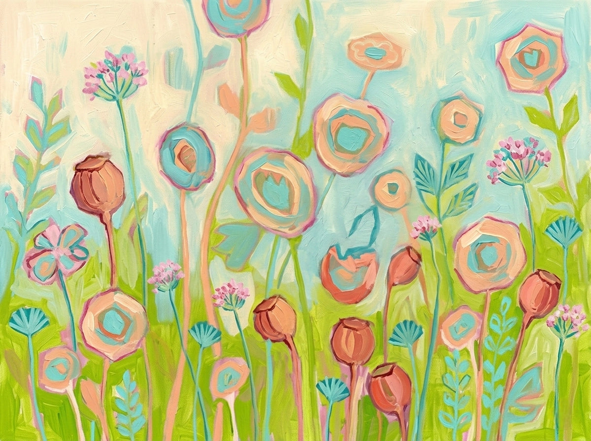 Pastel abstract floral wall art digital print, whimsical flowers in teal and blush, horizontal orientation
