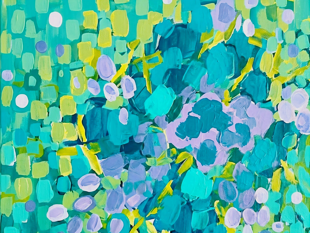 teal and green coastal abstract floral wall art printable with soft lavender accents, modern beach house decor for gallery wall set digital download