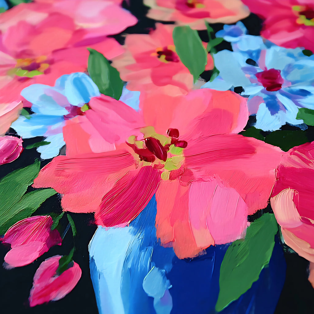 Colorful floral painting with pink, blue, and green flowers on a dark background