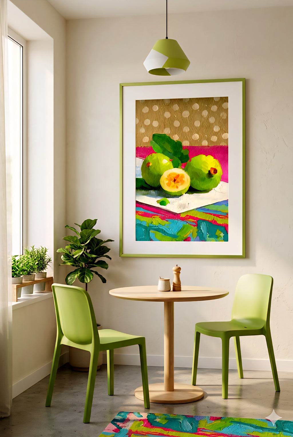 Modern breakfast nook with green chairs and round table, colorful fruit wall art print in green frame, bright natural light, playful contemporary decor, digital download artwork for kitchen or dining space