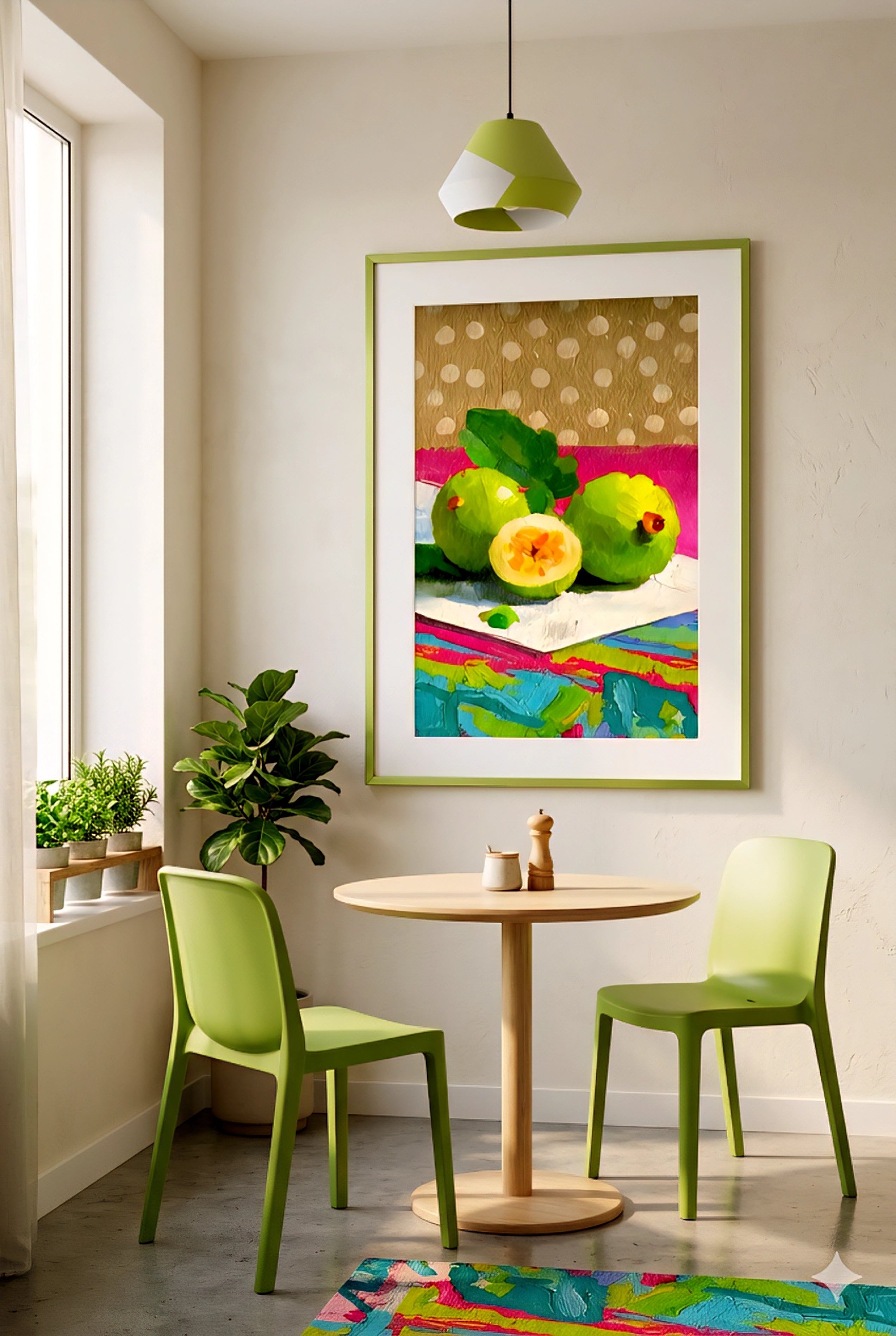 Modern breakfast nook with green chairs and round table, colorful fruit wall art print in green frame, bright natural light, playful contemporary decor, digital download artwork for kitchen or dining space