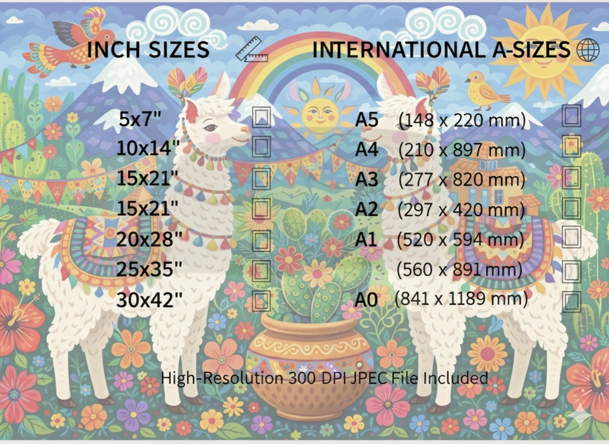 Colorful graphic with inch and A-size measurements for a digital paper product, featuring llamas and nature elements.