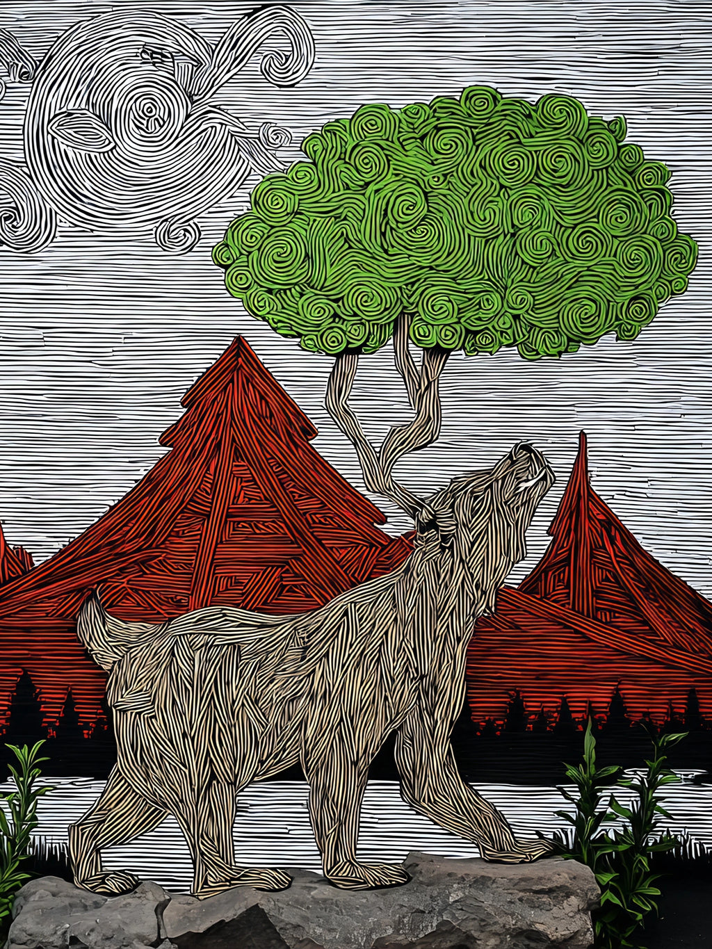 Artistic vertical digital print depiction of a bear, trees, and traditional buildings with abstract patterns.