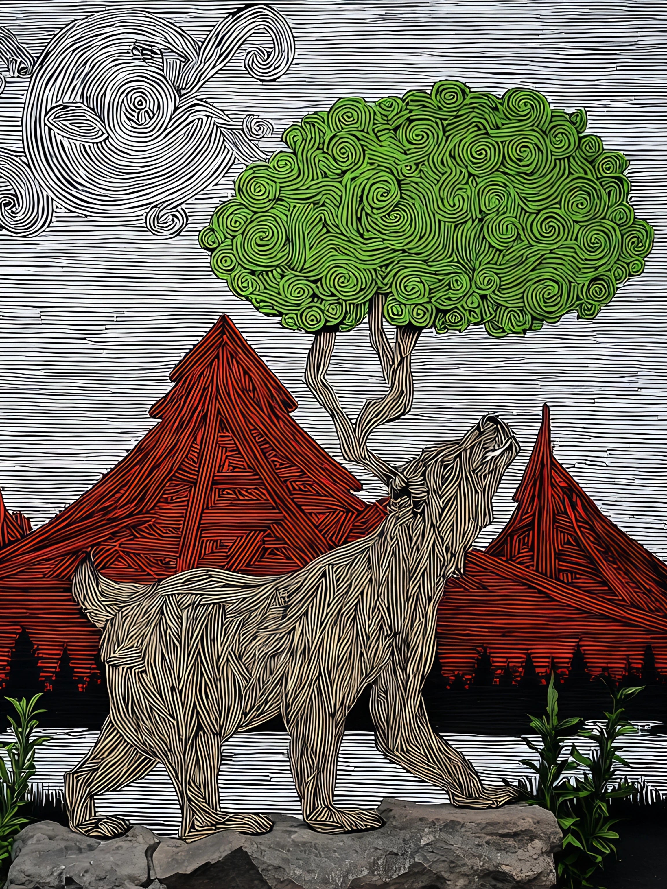 Artistic vertical digital print depiction of a bear, trees, and traditional buildings with abstract patterns.