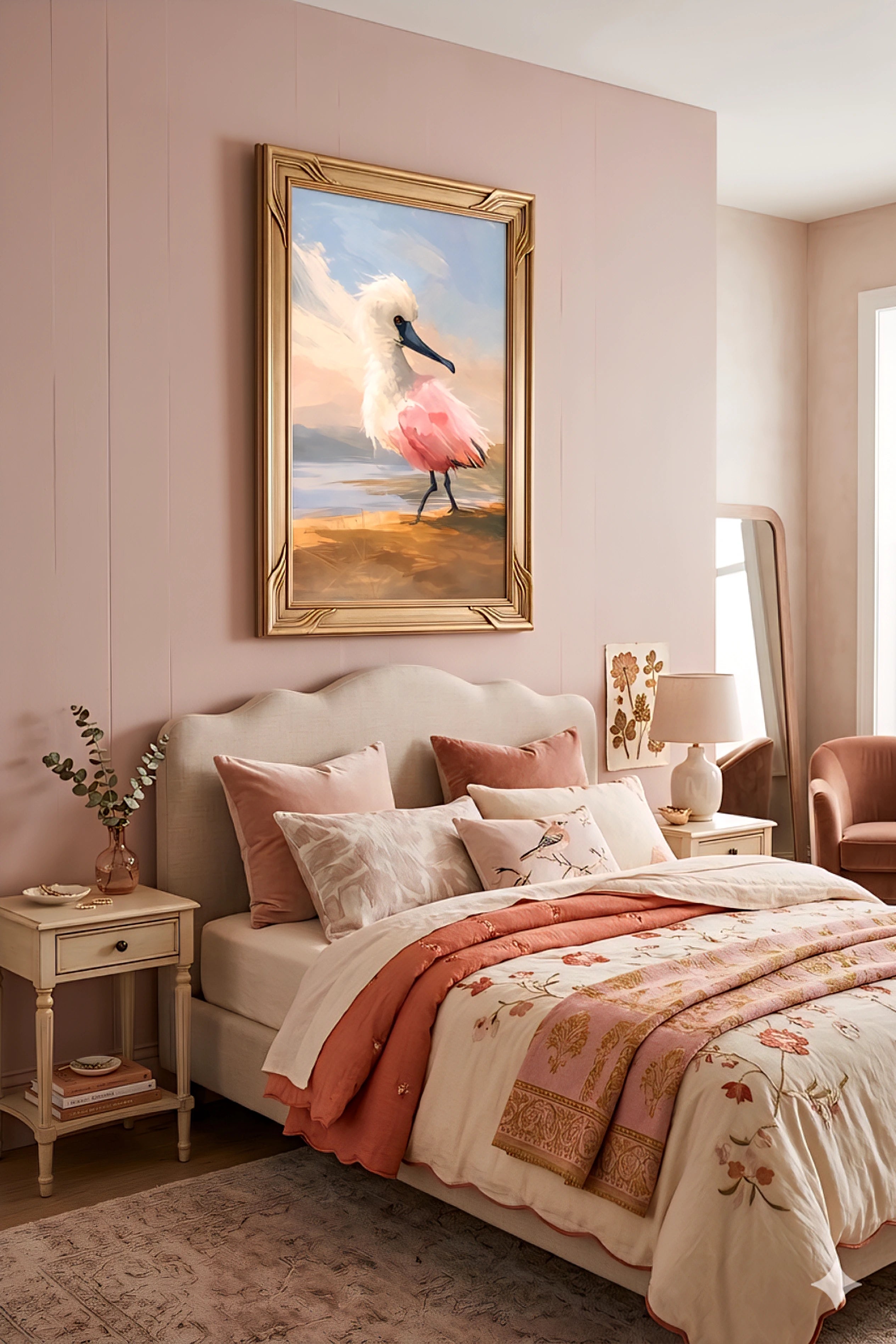 Blush pink bedroom decorinspo with bird wall art digital download, soft feminine bedding, warm neutral tones, vintage style frame, cozy romantic bedroom styling