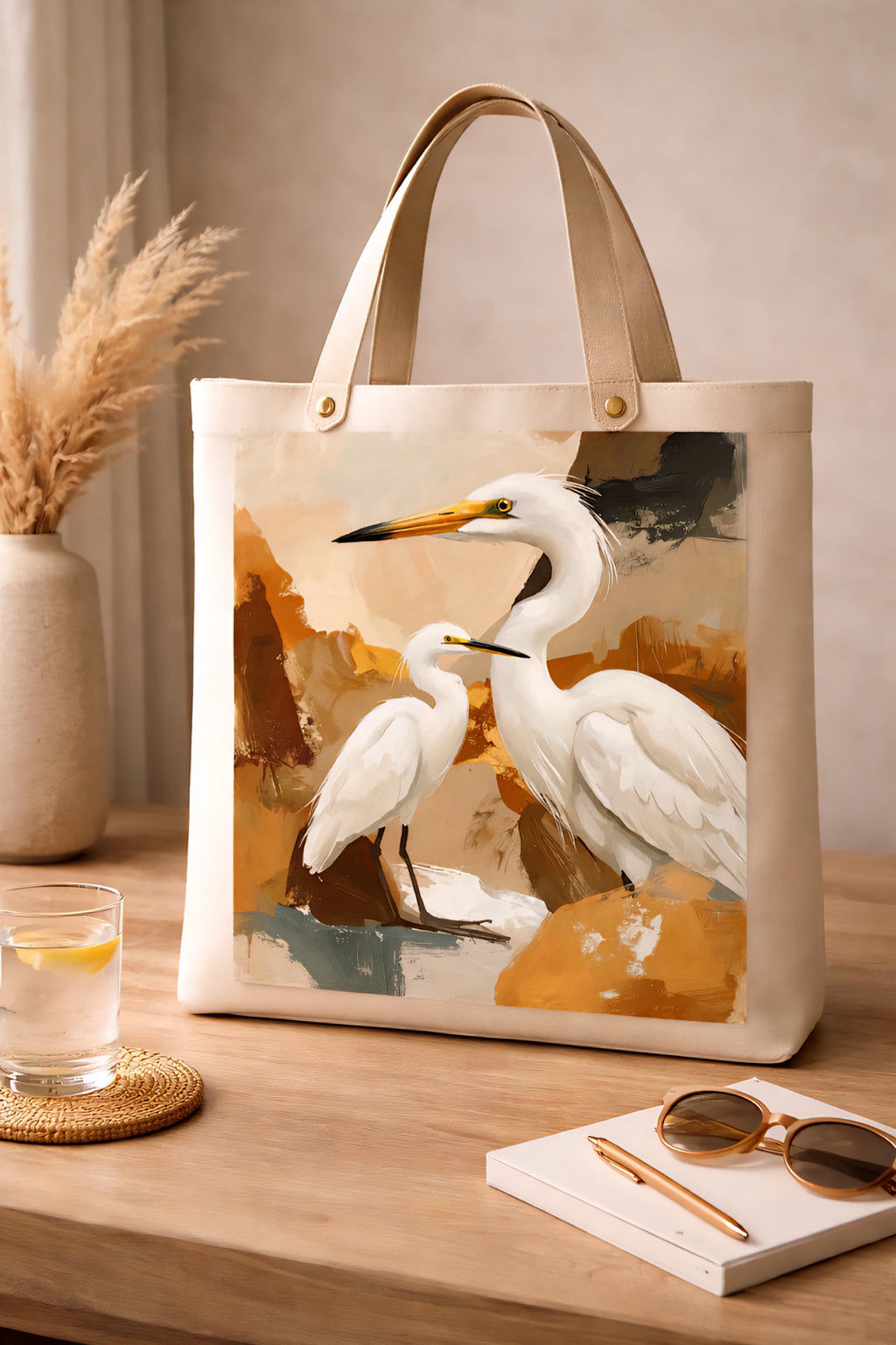 Heron art printed on canvas tote styled on warm neutral desk with coastal decor accents.