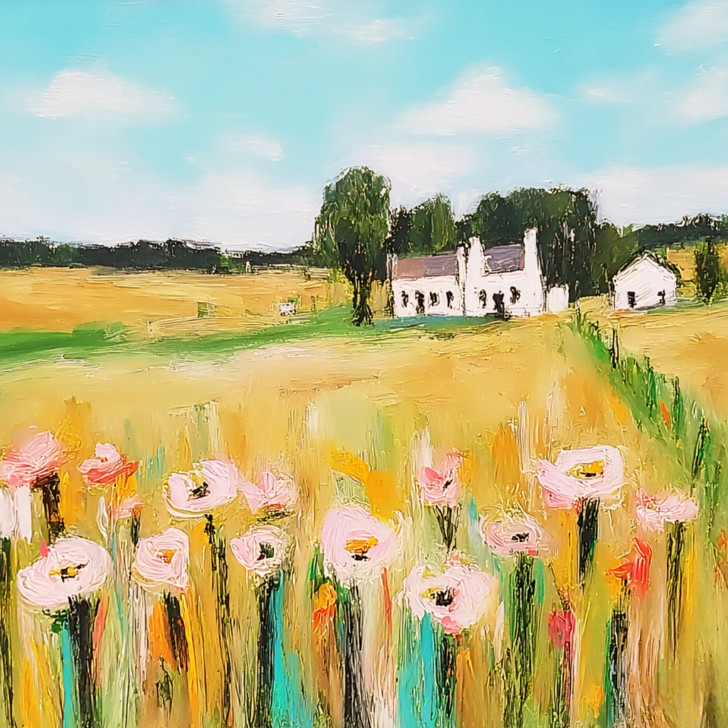 Square impressionist landscape art featuring white farmhouse and floral meadow
