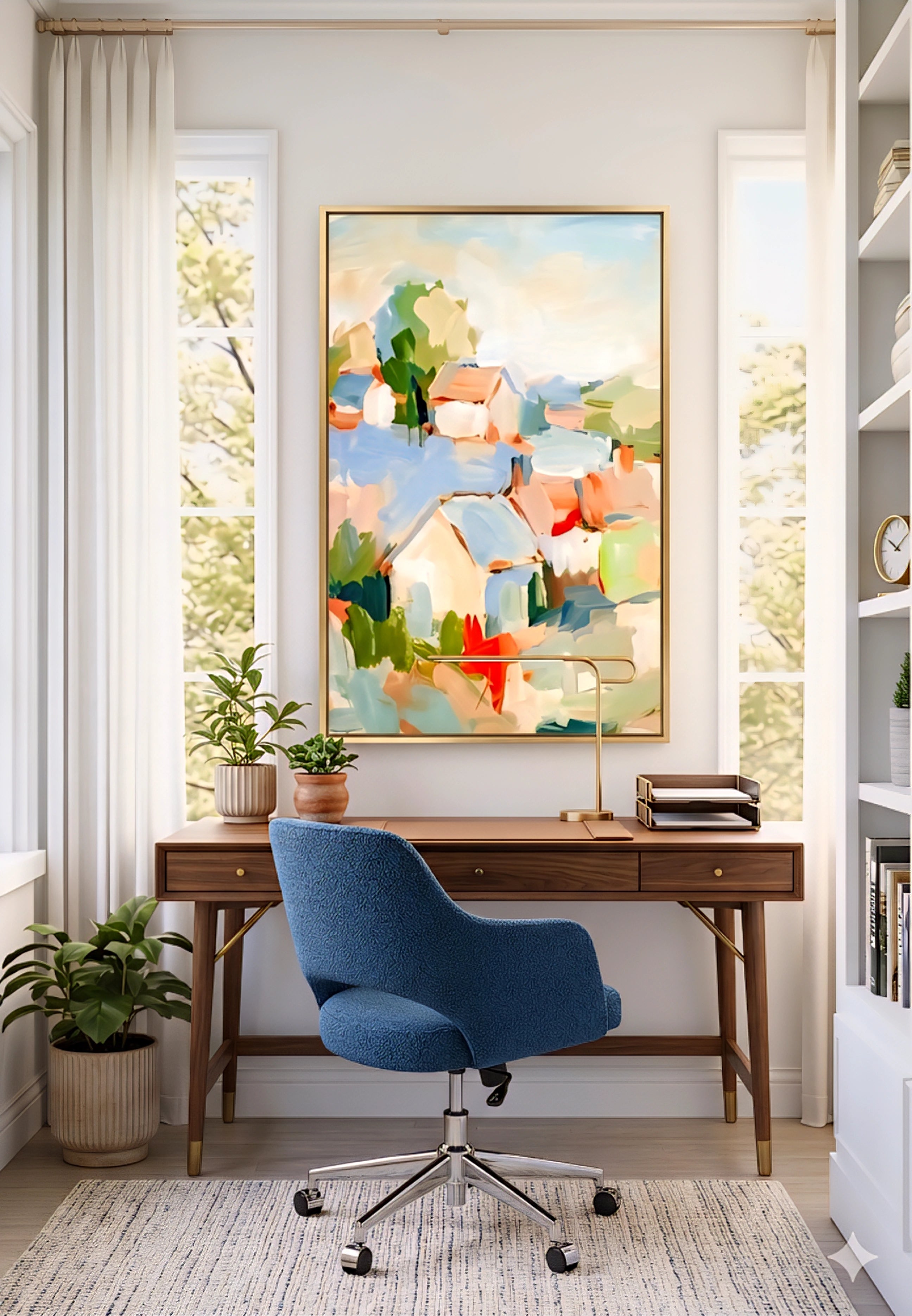 Abstract coastal village painting in soft pastel tones displayed in a light oak frame above a modern wooden desk with a blue upholstered chair, styled in a bright, airy home office with plants and natural light.