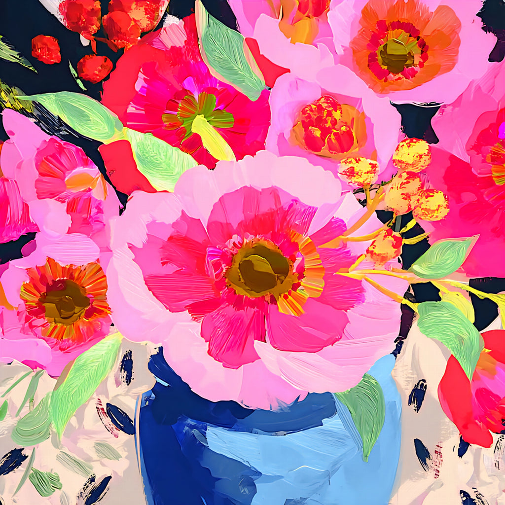 Colorful floral design with pink flowers and a blue vase.