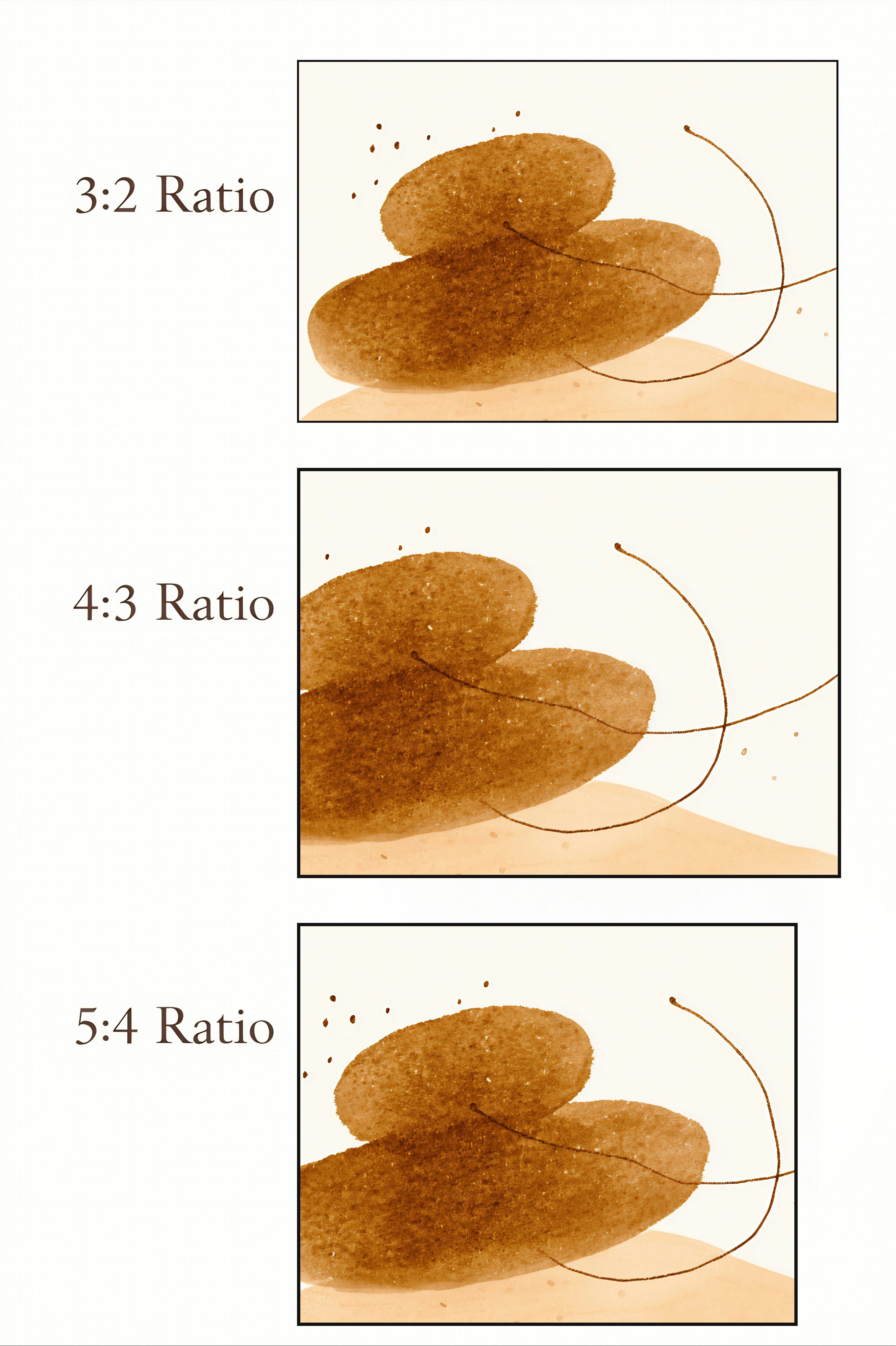 Three different aspect ratios displayed with a brown abstract shape on a beige background.