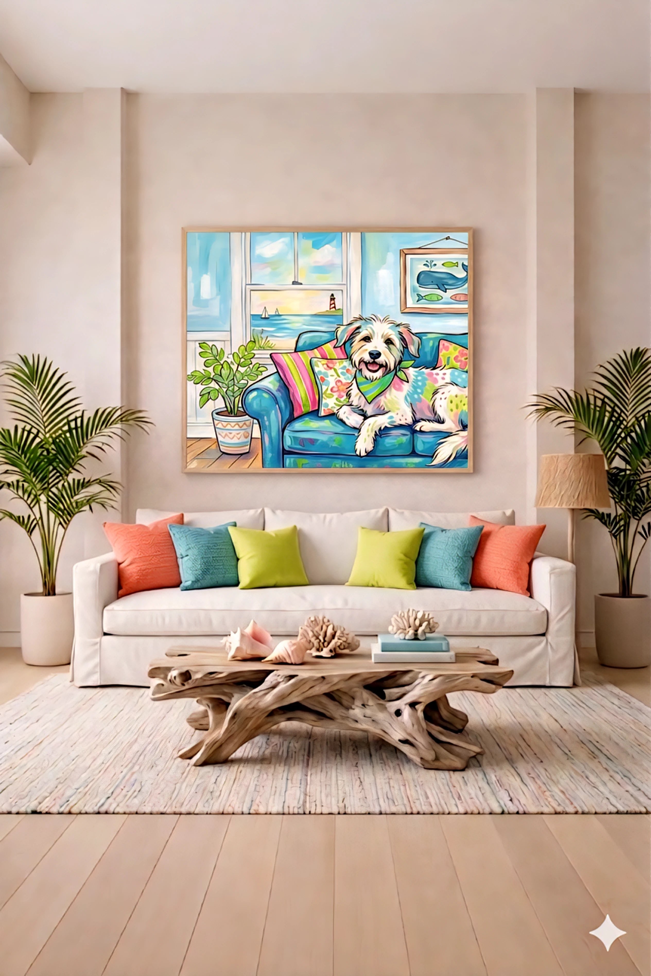 Coastal living room with neutral sofa, colorful pillows, driftwood coffee table, and vibrant dog wall art above couch in bright beach-inspired decor