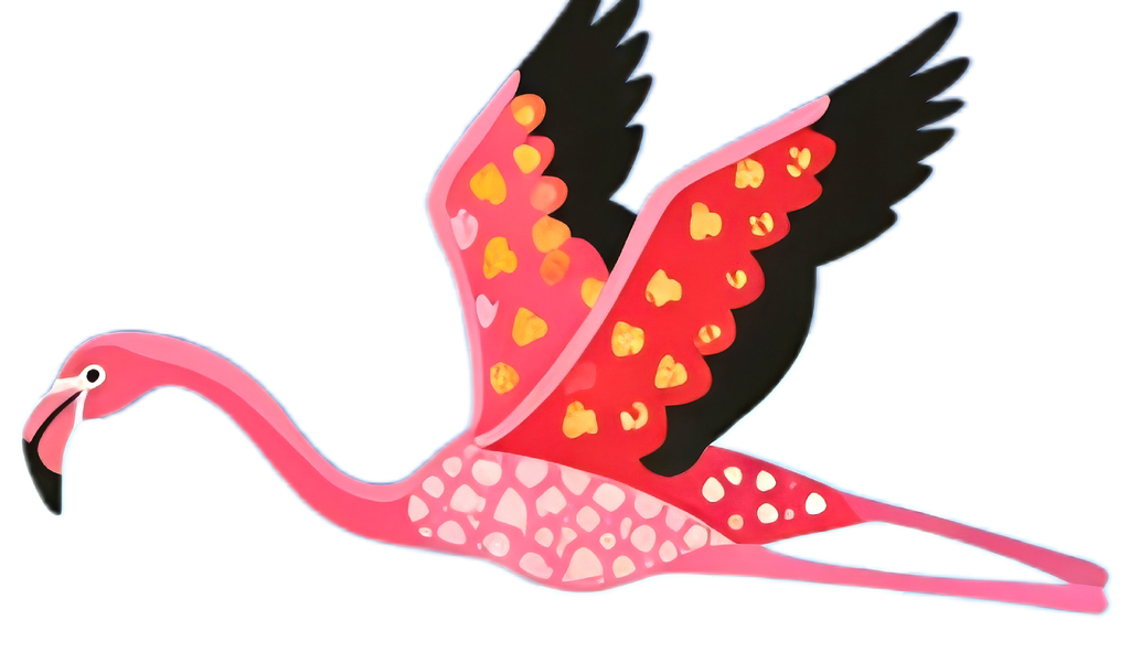 Illustration of a pink flamingo with black wings on a white background
