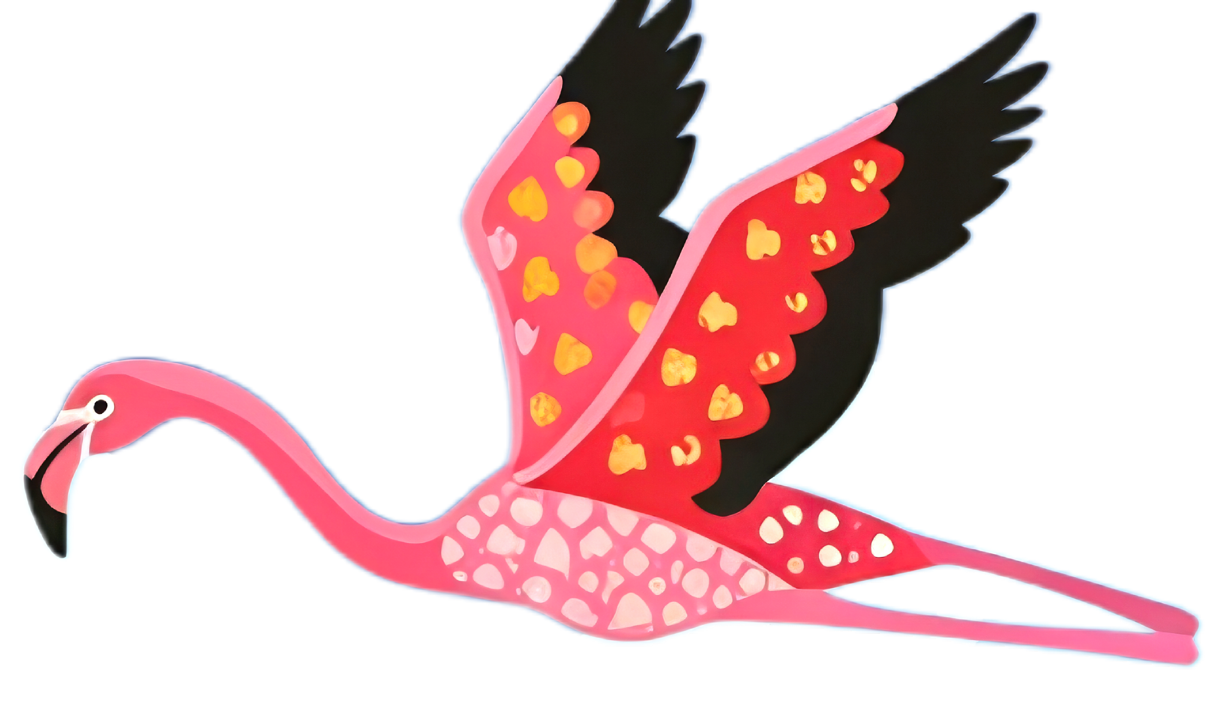 Illustration of a pink flamingo with black wings on a white background