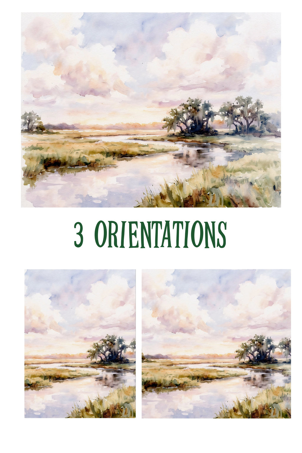 Watercolor coastal marsh wall art shown in three orientations, soft pastel landscape with winding creek, digital download print.