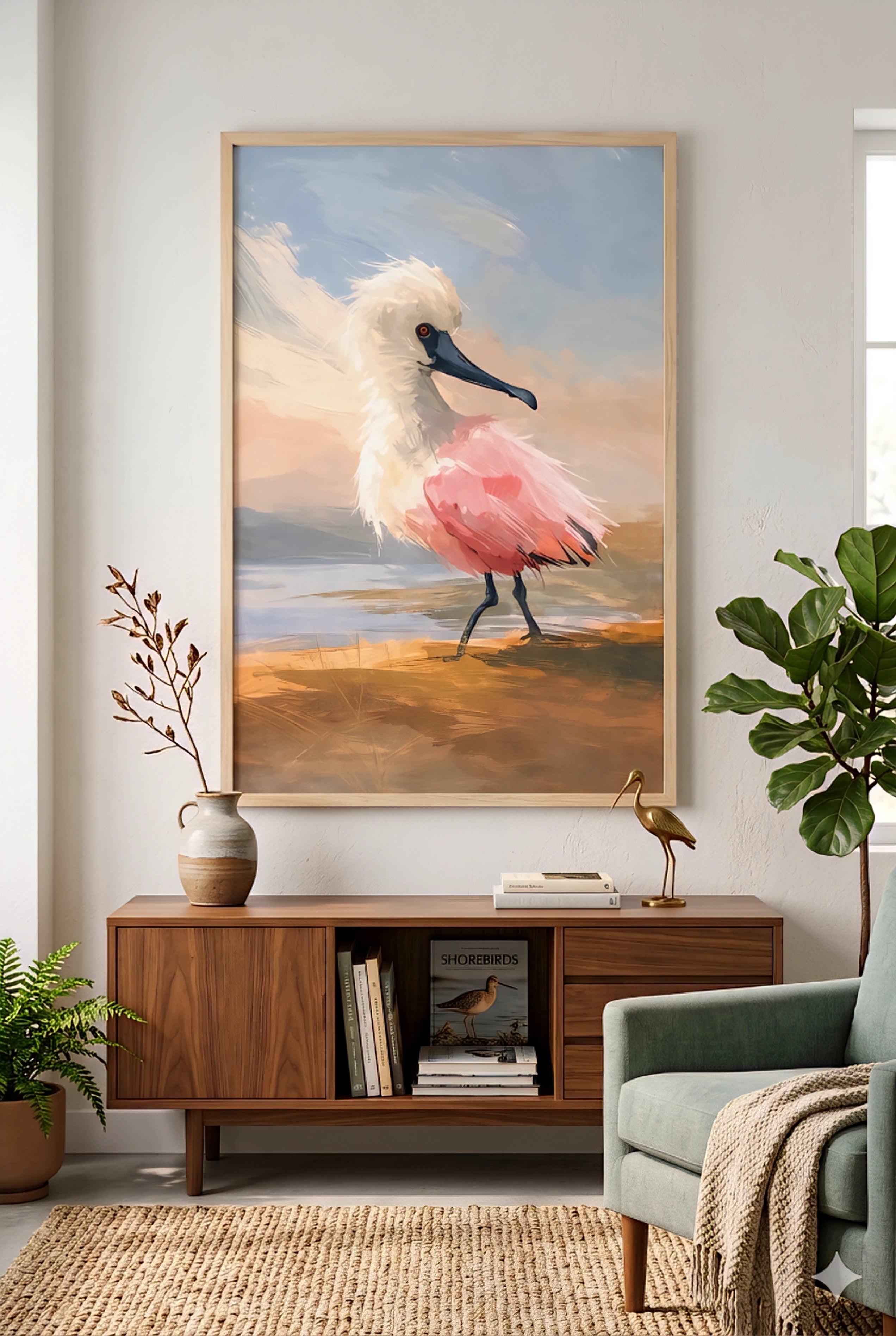 Coastal bird wall art digital download in modern living room decorinspo, neutral tones, wood console, soft natural textures, oversized framed artwork for coastal home styling