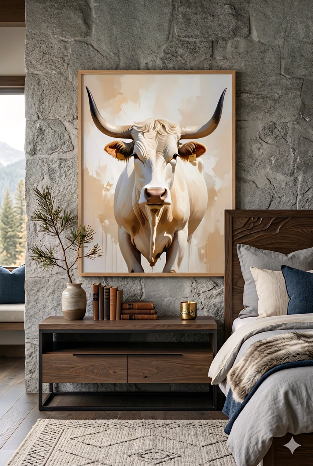 Longhorn steer wall art on stone wall in modern rustic bedroom with wood furniture, neutral bedding, and mountain cabin decor styling