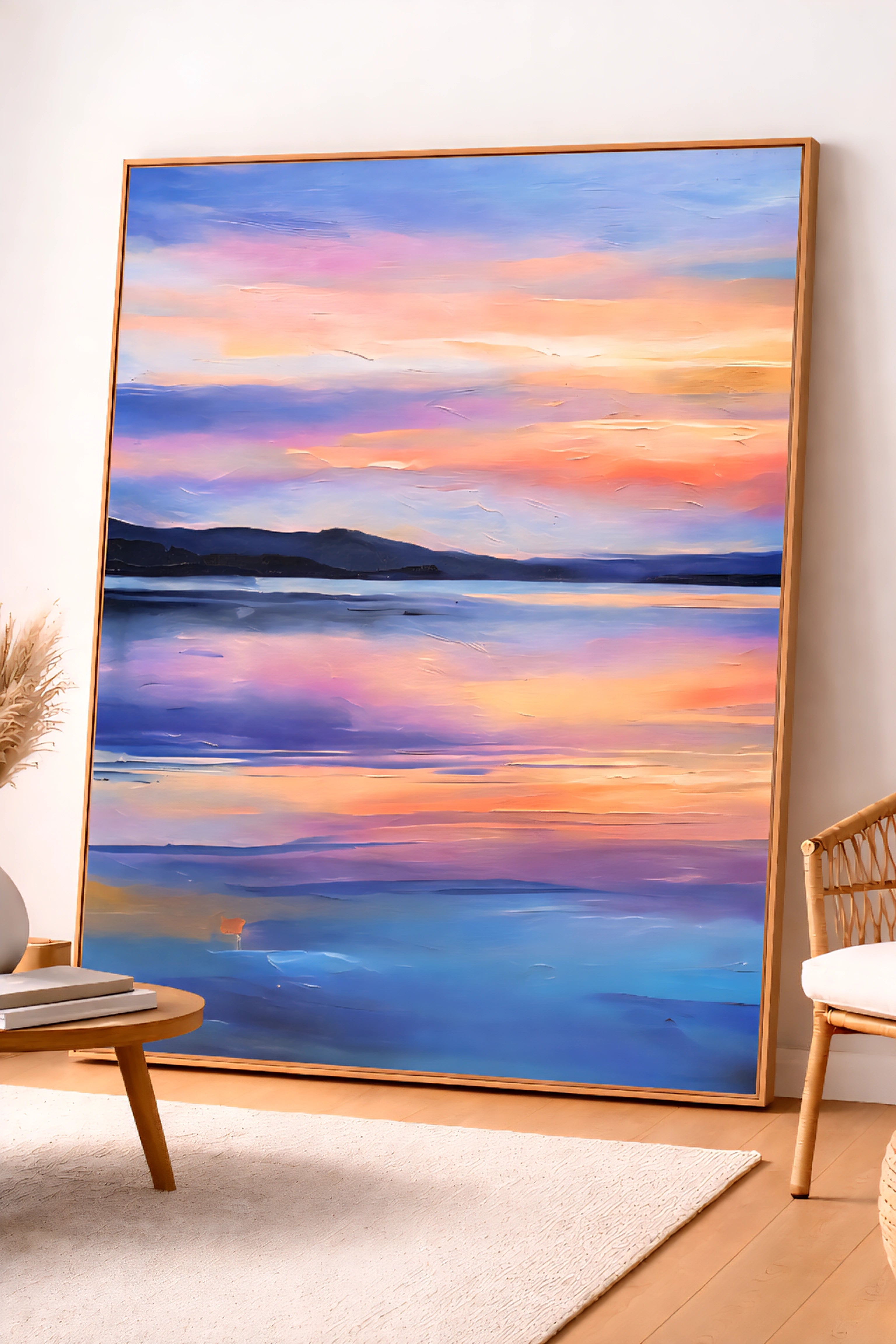 Large framed abstract sunset lake wall art leaning against wall in modern neutral living space, printable digital download decor