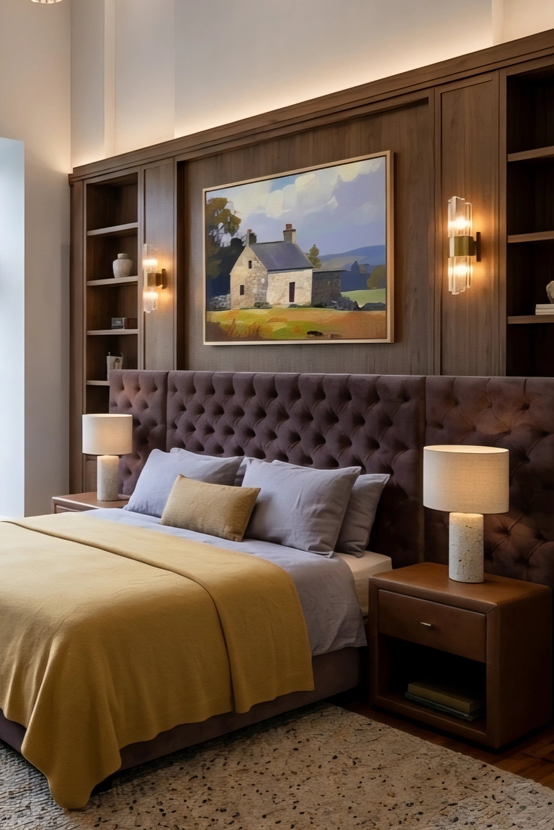 Cottage landscape wall art in warm countryside tones, framed horizontal print styled above tufted bed in a luxury bedroom with wood panel wall, chandelier lighting and elegant neutral decor for a cozy upscale space
