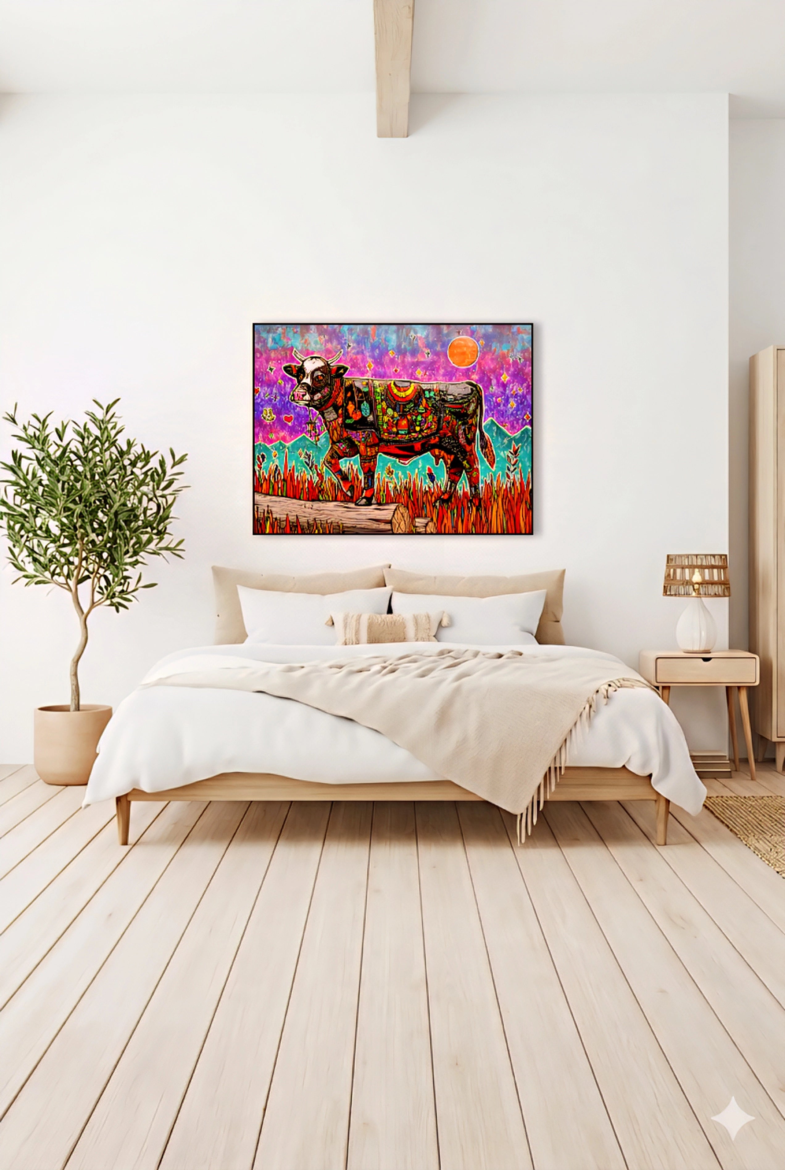 Colorful cow wall art above bed vibrant maximalist animal print framed modern bedroom decor bold statement artwork