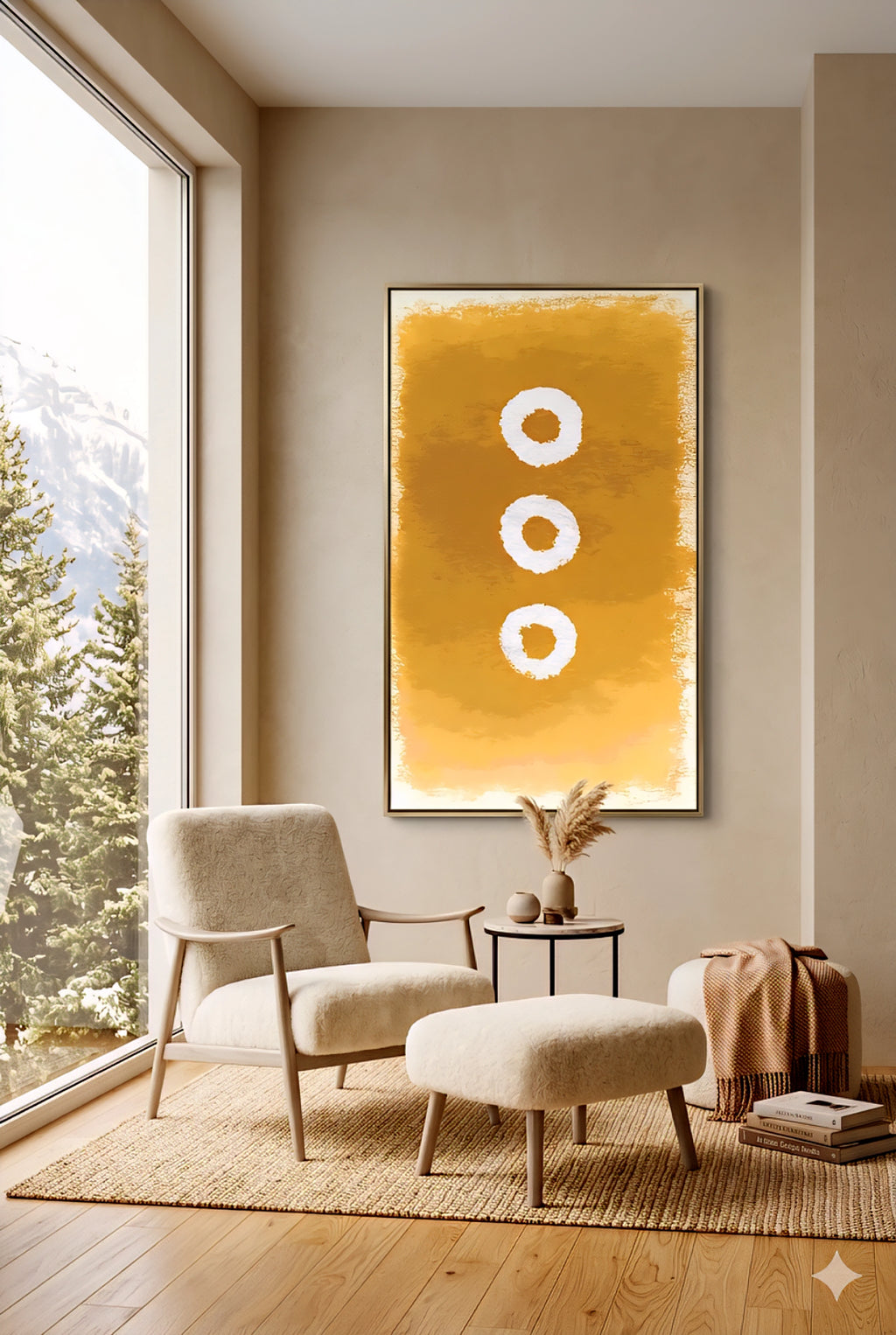 Large abstract wall art printable in warm golden earth tones with three circular shapes, displayed in a cozy reading nook with armchair and ottoman, modern minimalist 9:16 vertical wall decor