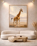 Neutral giraffe wall art printable displayed in modern minimalist living room, safari animal digital download wall decor.