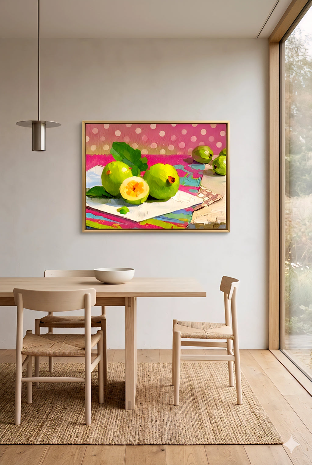 Minimalist dining room with light wood table and chairs, large colorful fruit wall art print in gold frame, bright natural light, modern neutral decor, digital download artwork for dining space