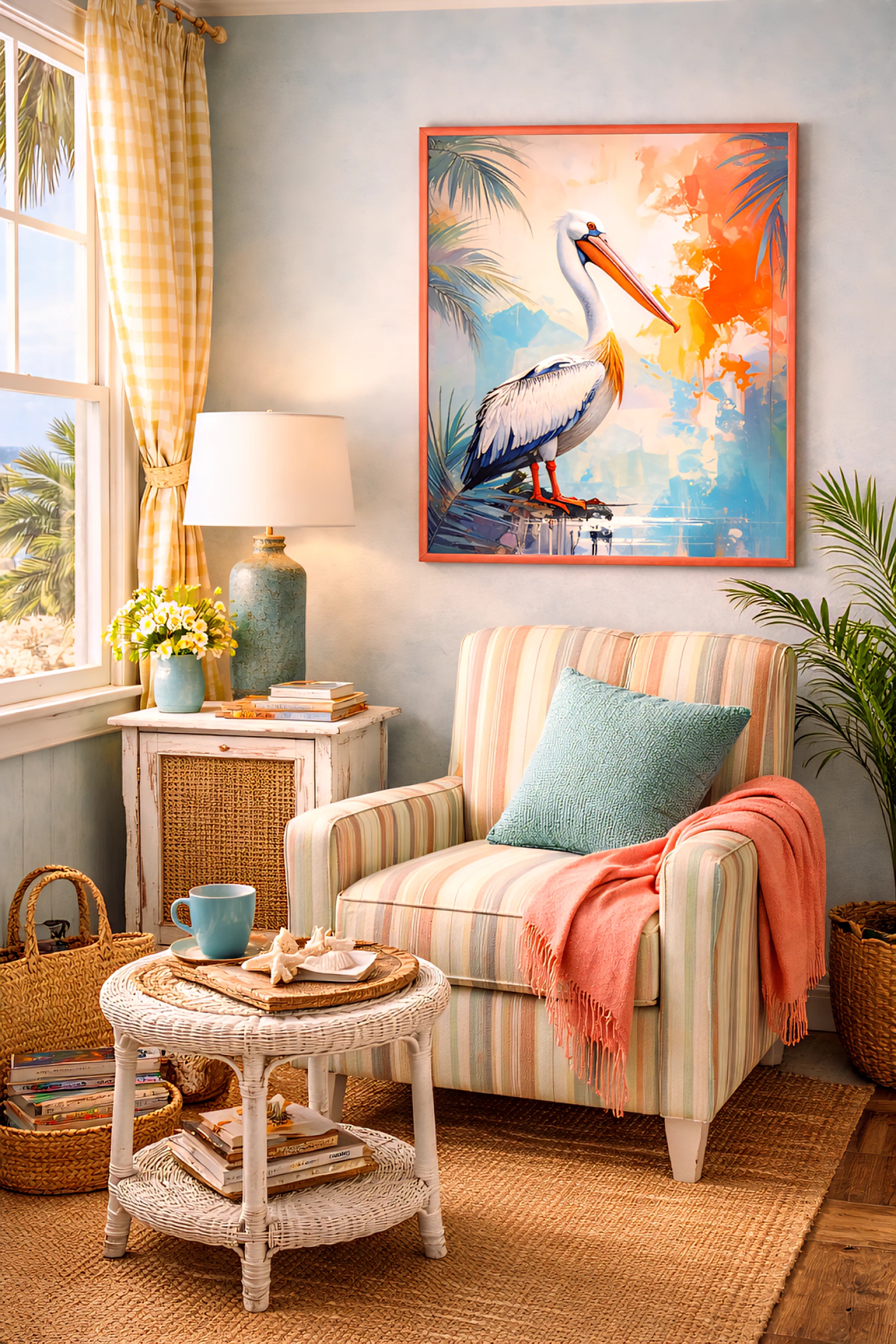 Coastal pelican wall art printable tropical bird digital download displayed above a chair in a bright beach cottage reading nook.