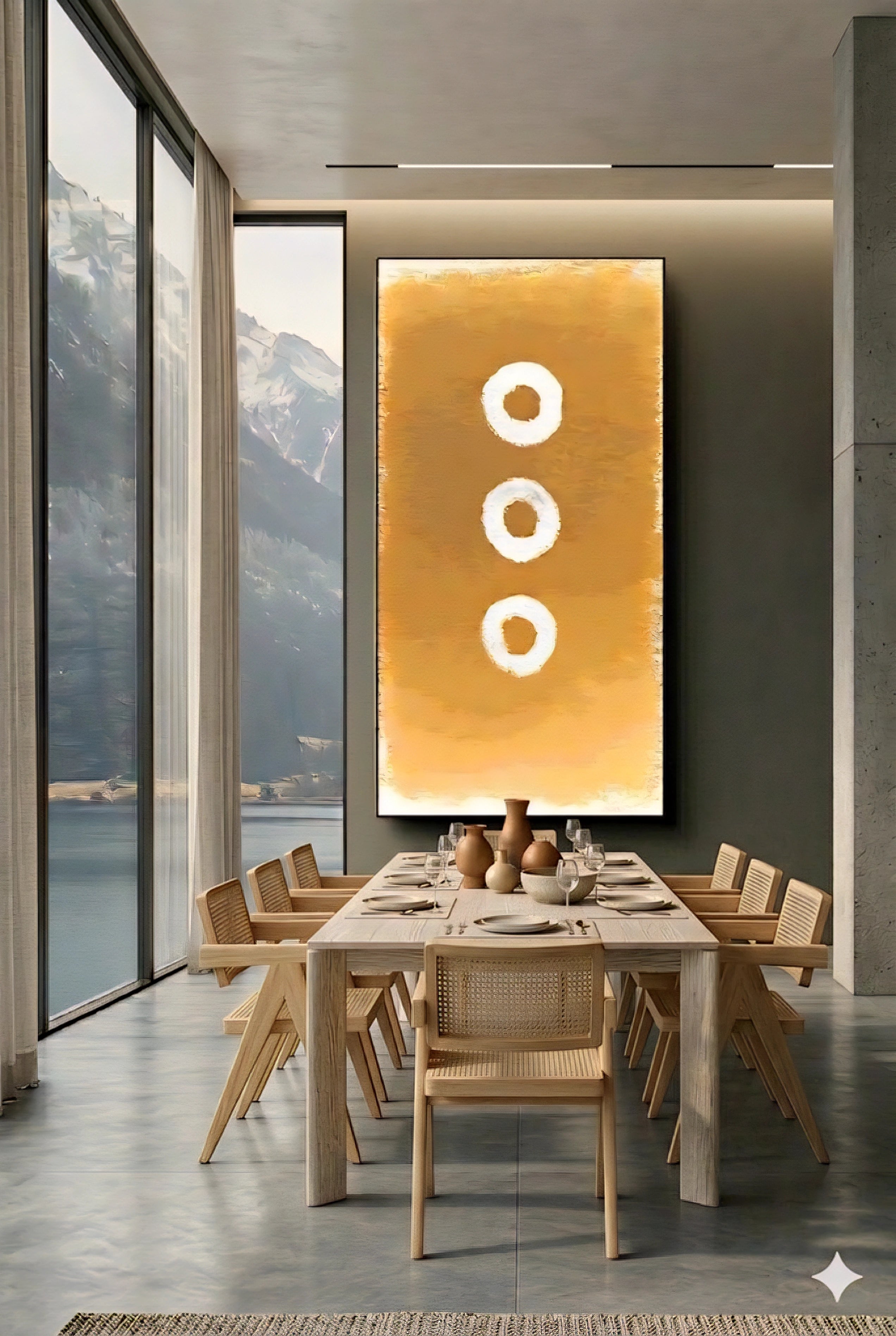 Large abstract wall art printable in warm golden earth tones with three circular shapes, displayed above a modern dining table in a luxury dining room with floor to ceiling windows, oversized 9:16 vertical wall decor